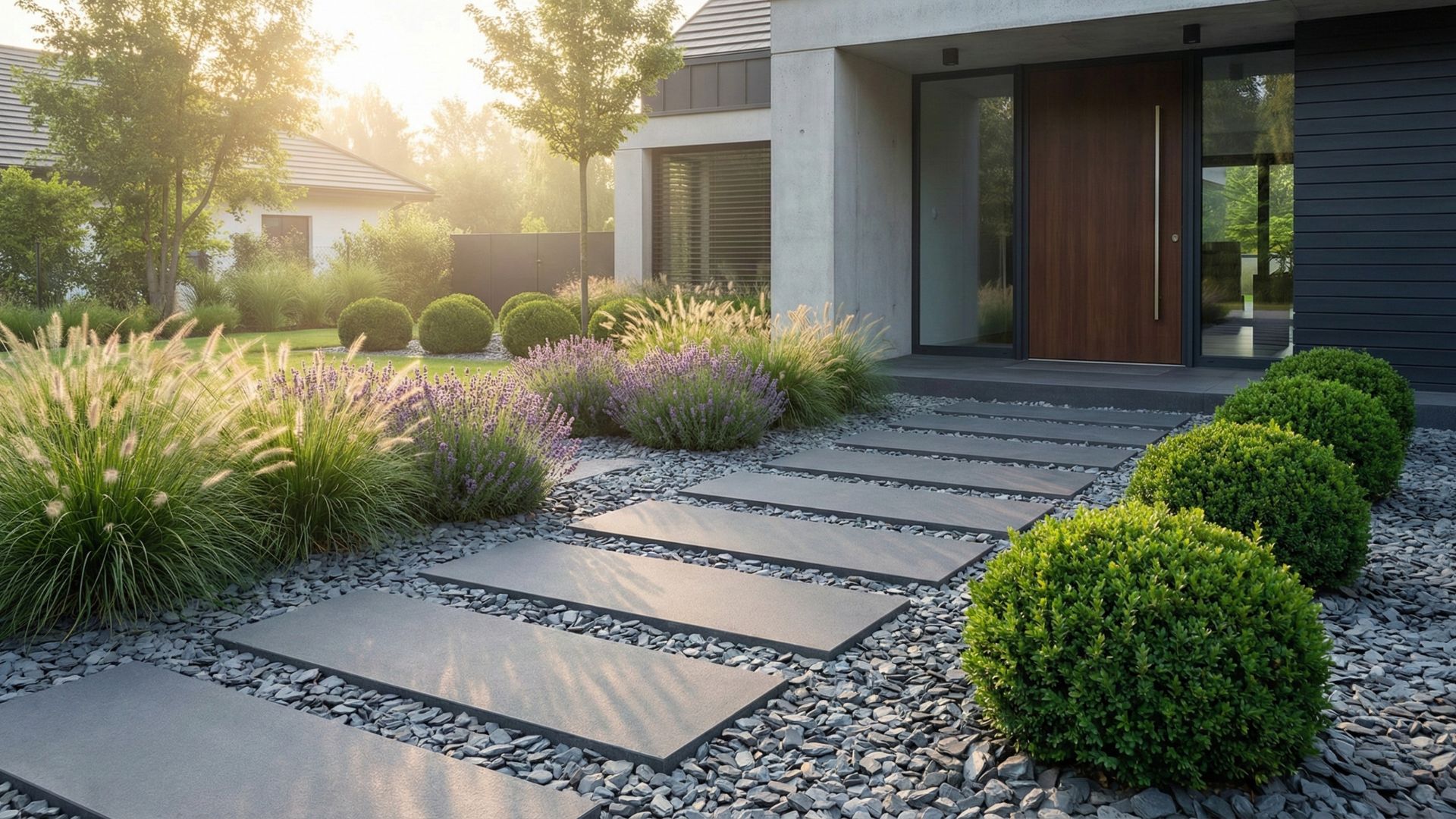 Ein modern gestalteter, pflegeleichter Vorgarten mit großen, rechteckigen Trittsteinen aus Anthrazit, die über eine Fläche aus grauem Schieferkies zum Hauseingang führen. Die Bepflanzung besteht aus einer harmonischen Mischung aus blühendem Lavendel, hohen Ziergräsern und perfekt in Kugelform geschnittenen immergrünen Sträuchern. Sanftes, warmes Morgenlicht flutet die Szene und betont die klaren Linien der zeitgenössischen Architektur.