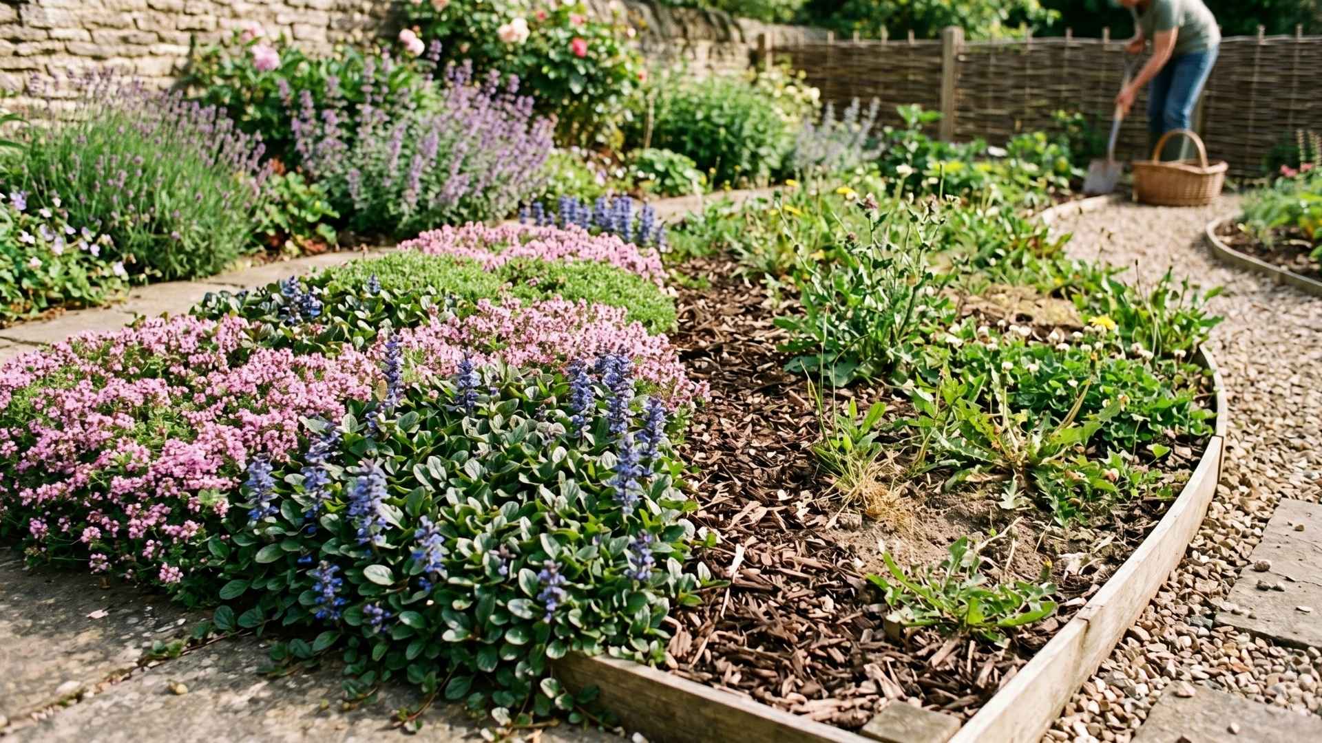 Direkter Vergleich in einem Gartenbeet: Links ein dichter, blühender Teppich aus Bodendeckern in Rosa und Blau, der Unkraut unterdrückt; rechts eine offene Fläche mit Erde, Mulch und Unkrautwuchs.