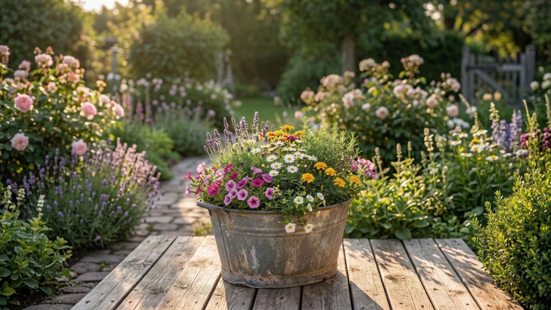 Eine rustikale, patinierte Zinkwanne im Landhausstil, die üppig mit bunten Sommerblumen wie Lavendel, Petunien und Margeriten sowie grünen Kräutern bepflanzt ist. Die Wanne steht auf einer Holzplattform in einem idyllischen, sonnendurchfluteten Garten mit einem Steinpfad und einer Gartenpforte im Hintergrund.