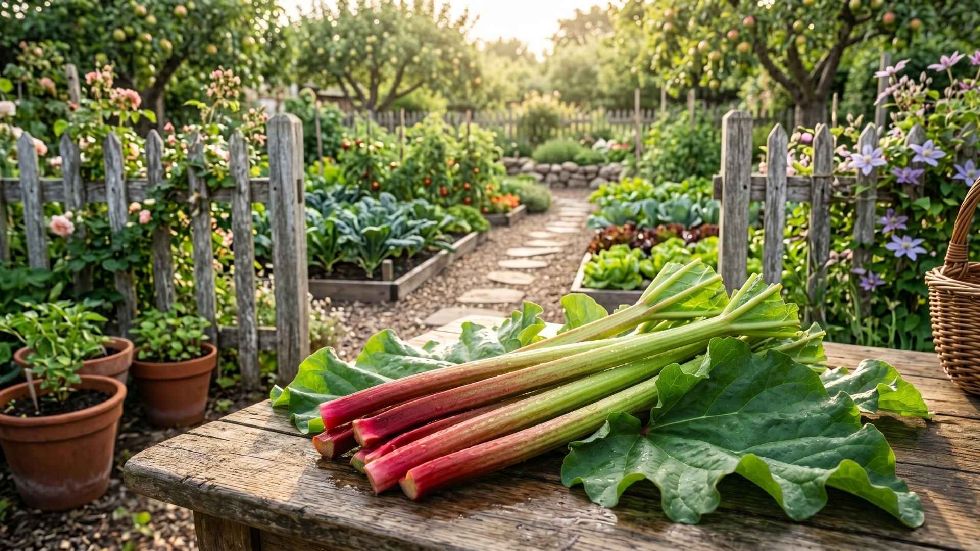 Frisch geerntete Rhabarberstangen mit einem leuchtenden rot-grünen Farbverlauf auf einem rustikalen Holztisch in einem sonnigen Gemüsegarten.