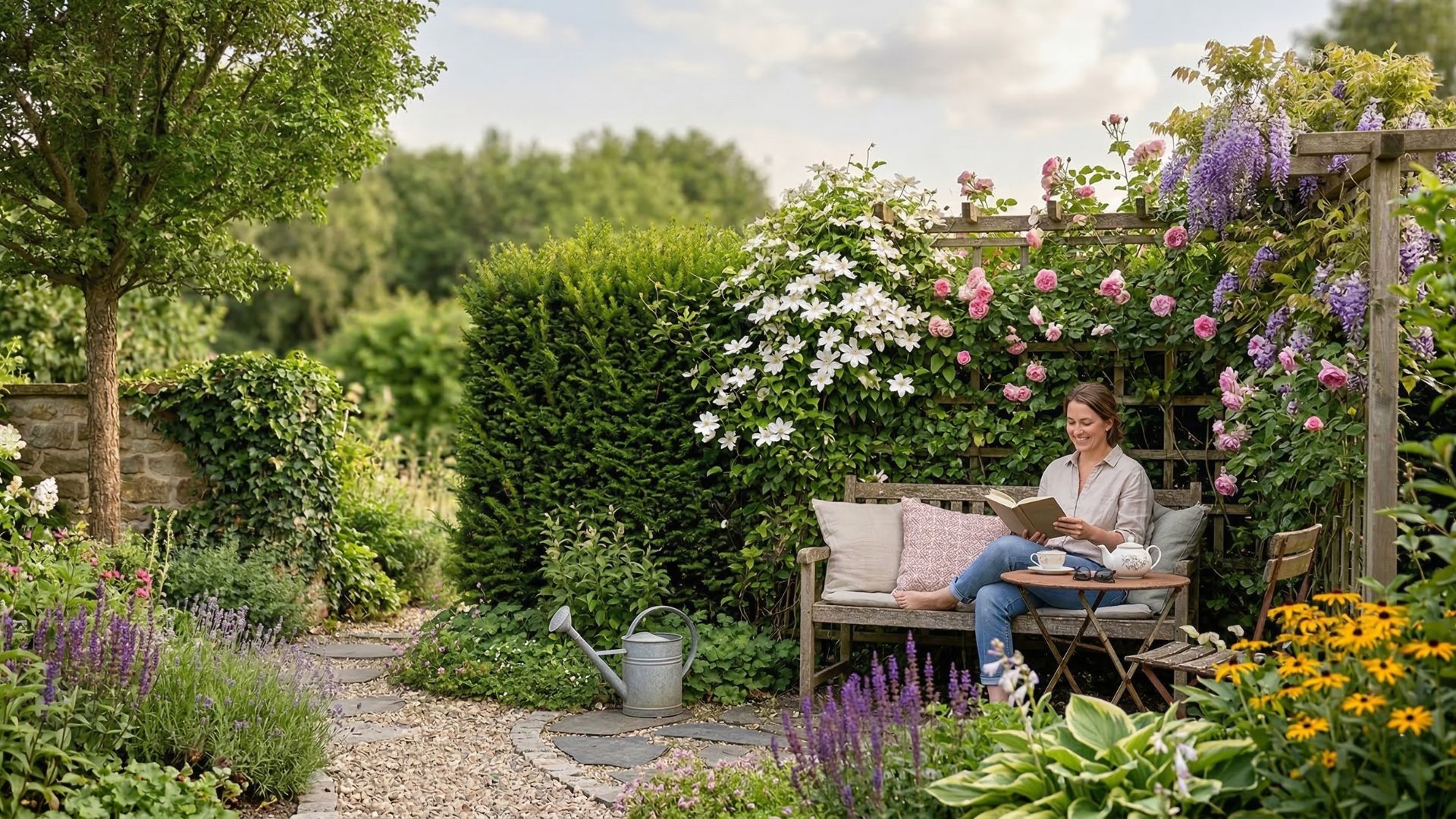 Eine entspannte Frau sitzt lesend auf einer Holzbank in einer privaten Gartenecke. Ein natürlicher Sichtschutz aus einer dichten grünen Hecke und einem mit rosa Kletterrosen und weißen Clematis bewachsenen Holzspalier sorgt für Geborgenheit. Im Vordergrund sind lila Salbei, gelbe Sonnenhüte und ein Kiesweg mit einer Gießkanne zu sehen.