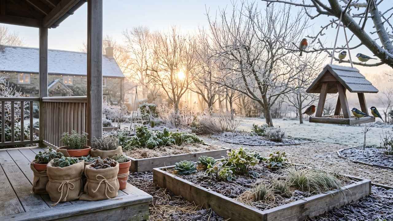 Vorbereiteter Garten im Winter bei Sonnenaufgang mit bereiften Hochbeeten, in Jutesäcke eingepackten Kübelpflanzen und einem Vogelhäuschen im Baum.