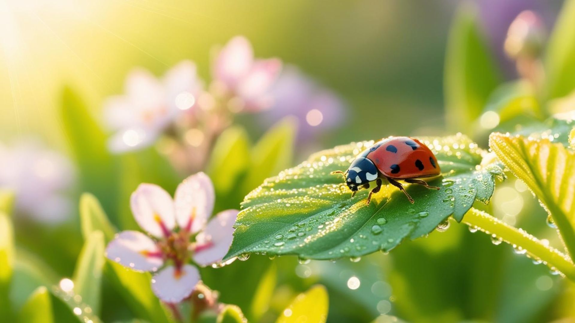Marienkäfer auf grünem Blatt in Frühlingsgarten – Symbol für natürliche Schädlingsabwehr ohne Chemie