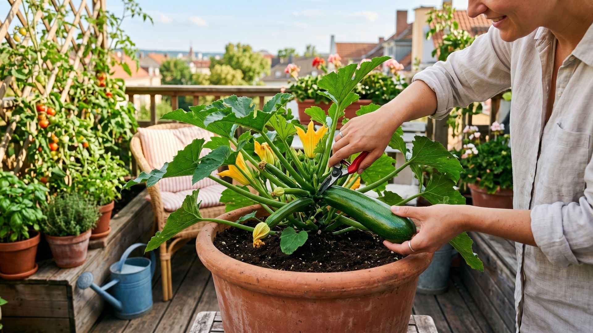 Eine Person erntet eine reife grüne Zucchini aus einem großen Tontopf auf einem sonnigen Balkon.