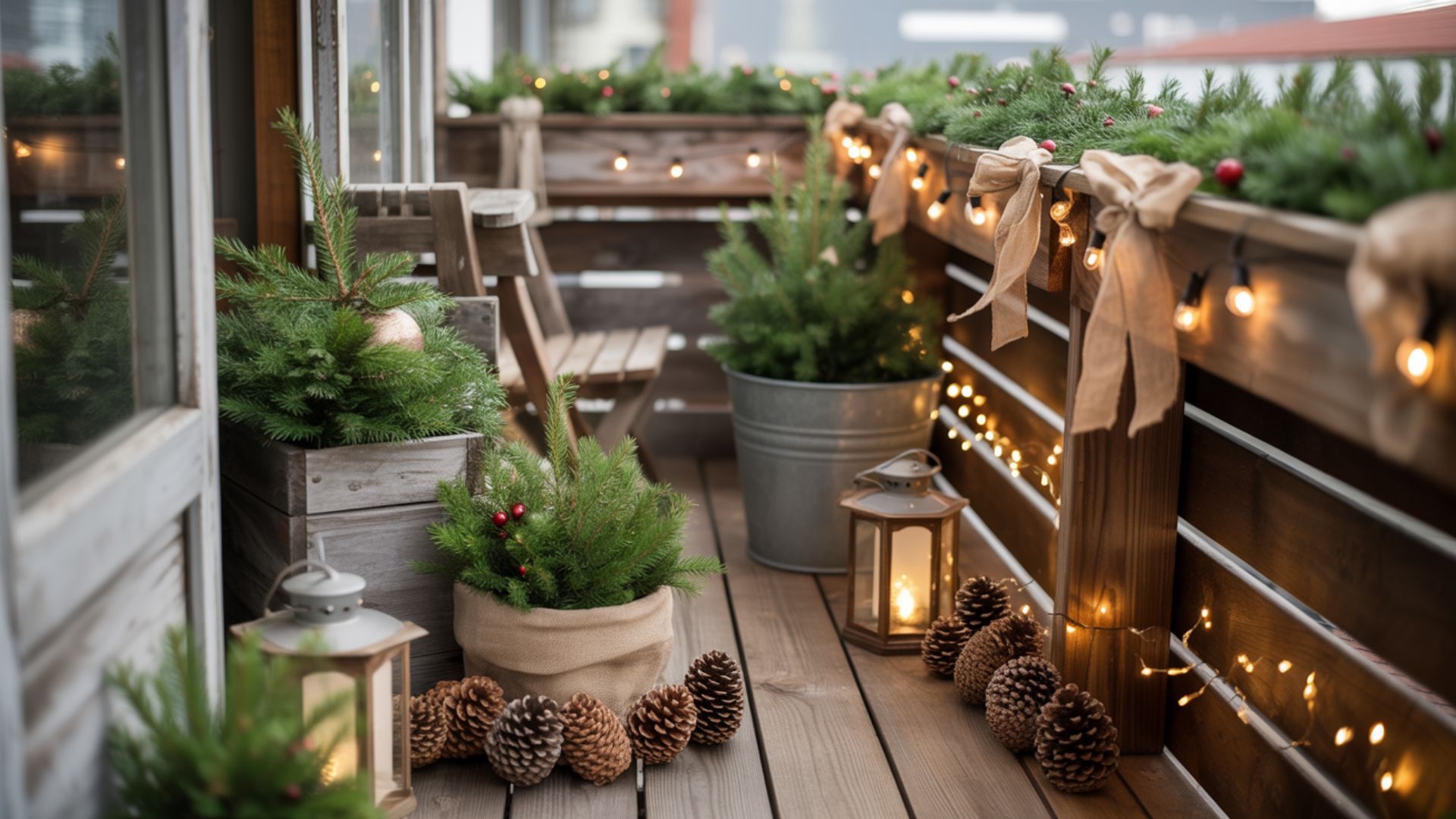 Weihnachtlich dekorierter Holzbalkon mit Tannengrün in Töpfen, warmweißen Lichterketten, großen Schleifen am Geländer, Laternen mit Kerzenlicht und Kiefernzapfen auf dem Boden in gemütlicher Winterstimmung.