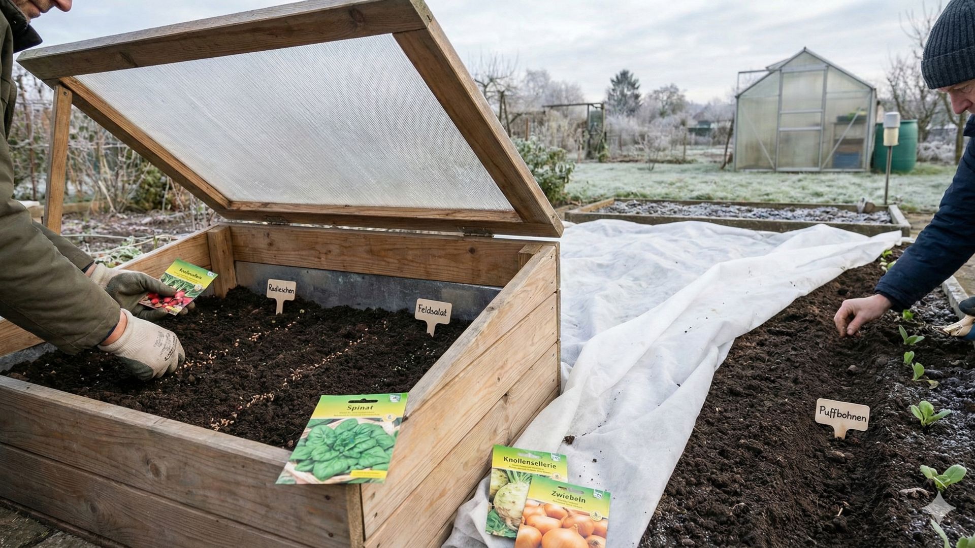 Zwei Gärtner bei der Aussaat im winterlichen Garten im Februar. Links sät eine Person Samen in ein hölzernes Frühbeet mit Beschriftungen für Radieschen und Feldsalat. Im Vordergrund lehnen Samentütchen für Spinat, Knollensellerie und Zwiebeln. Rechts sät eine zweite Person Puffbohnen direkt in ein Gartenbeet, das teilweise mit weißem Vlies abgedeckt ist. Im frostigen Hintergrund ist ein Gewächshaus zu erkennen.