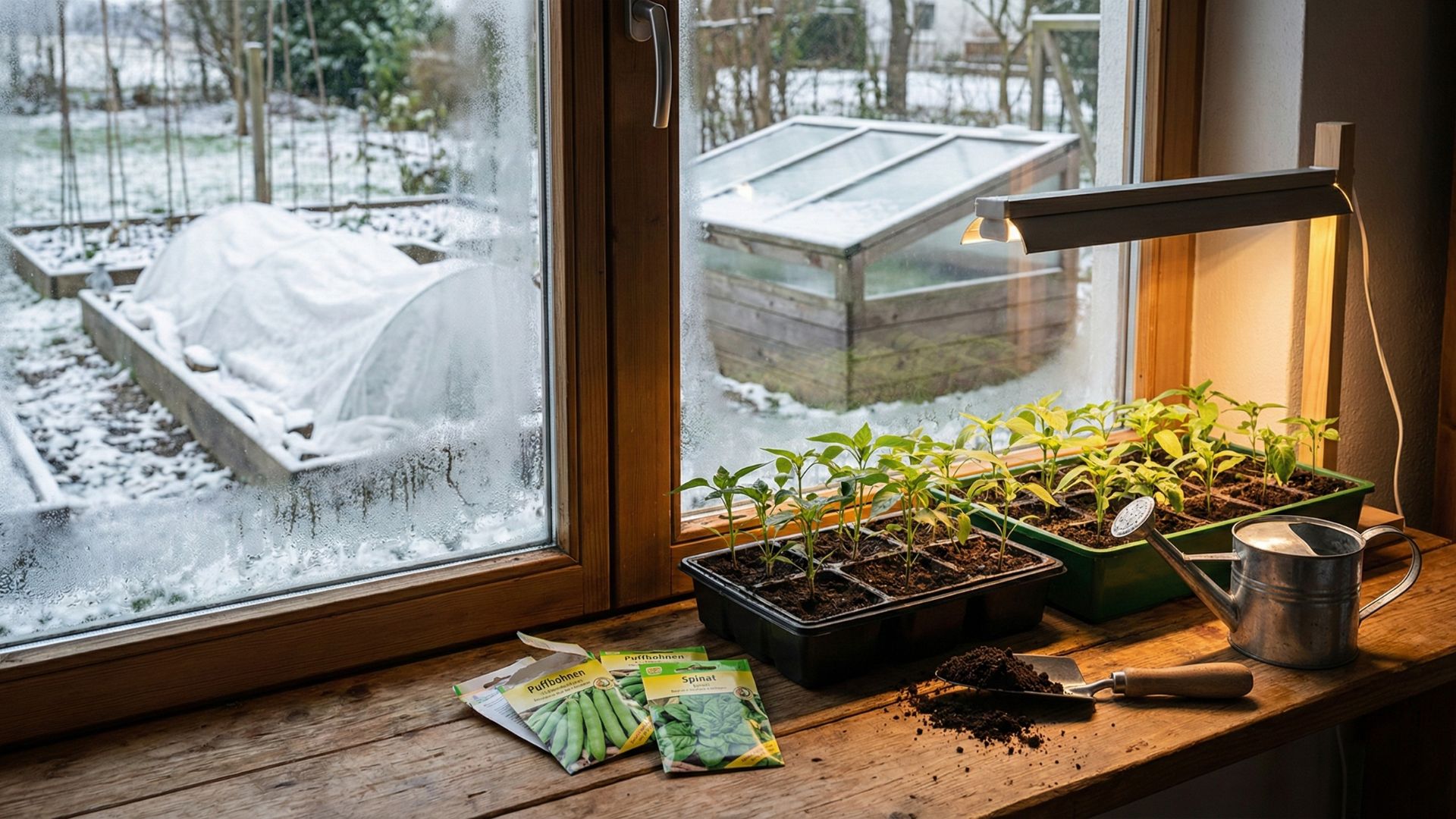 Helle, rustikale Holzfensterbank mit Anzuchtschalen voller grüner Keimlinge unter einer brennenden Pflanzenlampe. Auf dem Holz liegen Samentütchen für Puffbohnen und Spinat, eine kleine Zink-Gießkanne sowie eine Handschaufel mit Anzuchterde. Durch das beschlagene Fenster fällt der Blick auf einen verschneiten Garten mit einem durch weißes Vlies geschützten Beet und einem hölzernen Frühbeetkasten.