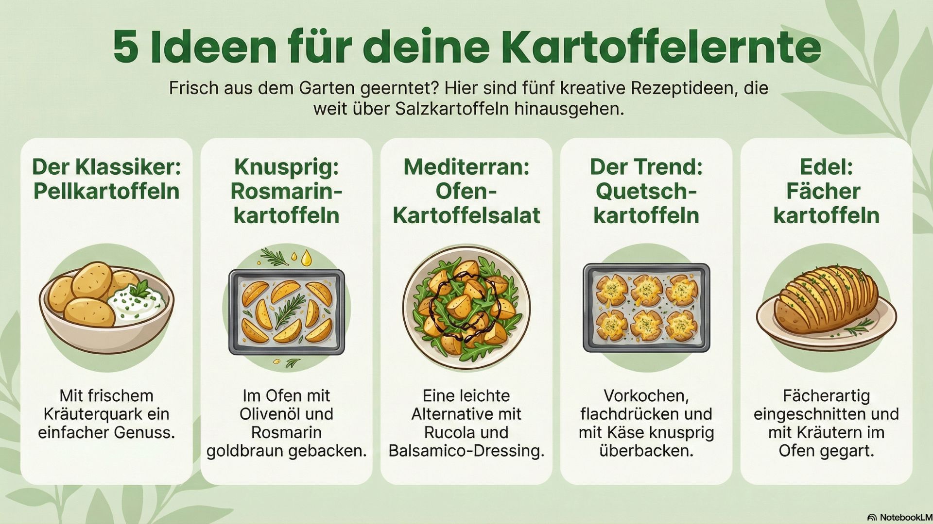 Eine Infografik mit dem Titel „5 Ideen für deine Kartoffelernte“ präsentiert kreative Rezeptideen für frisch geerntete Kartoffeln. Gezeigt werden Illustrationen und Kurzbeschreibungen für Pellkartoffeln mit Kräuterquark, im Ofen gebackene Rosmarinkartoffeln, mediterranen Ofen-Kartoffelsalat mit Rucola, mit Käse überbackene Quetschkartoffeln sowie fächerartig eingeschnittene Fächerkartoffeln.
