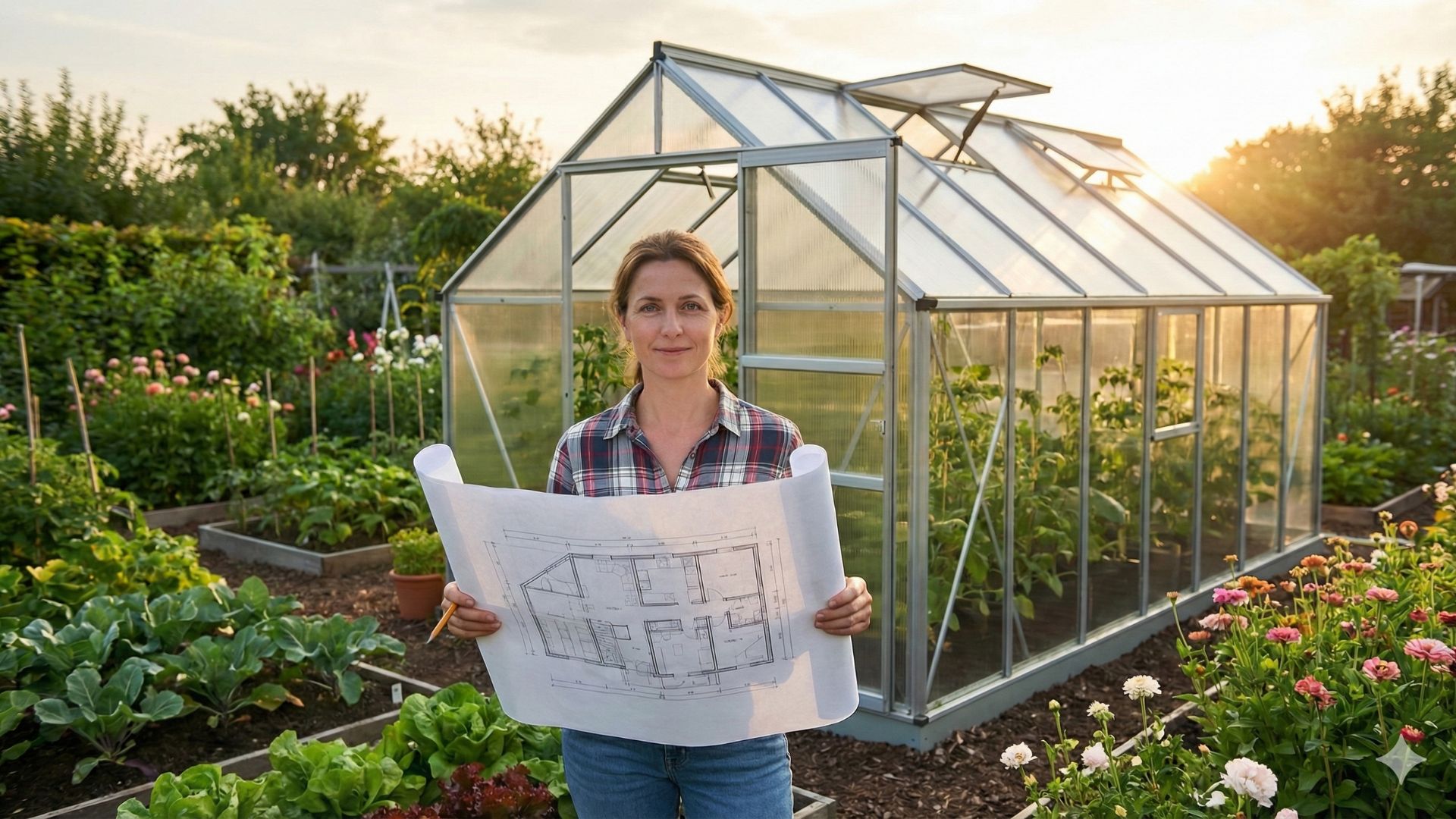 Eine lächelnde Frau in einem karierten Hemd steht in einem üppigen Garten und hält einen großen Bauplan für ein Gewächshaus in den Händen. Im Hintergrund steht ein fertig geplantes Aluminium-Gewächshaus im warmen, goldenen Licht des Sonnenuntergangs, umgeben von blühenden Blumenbeeten und Gemüsepflanzen.
