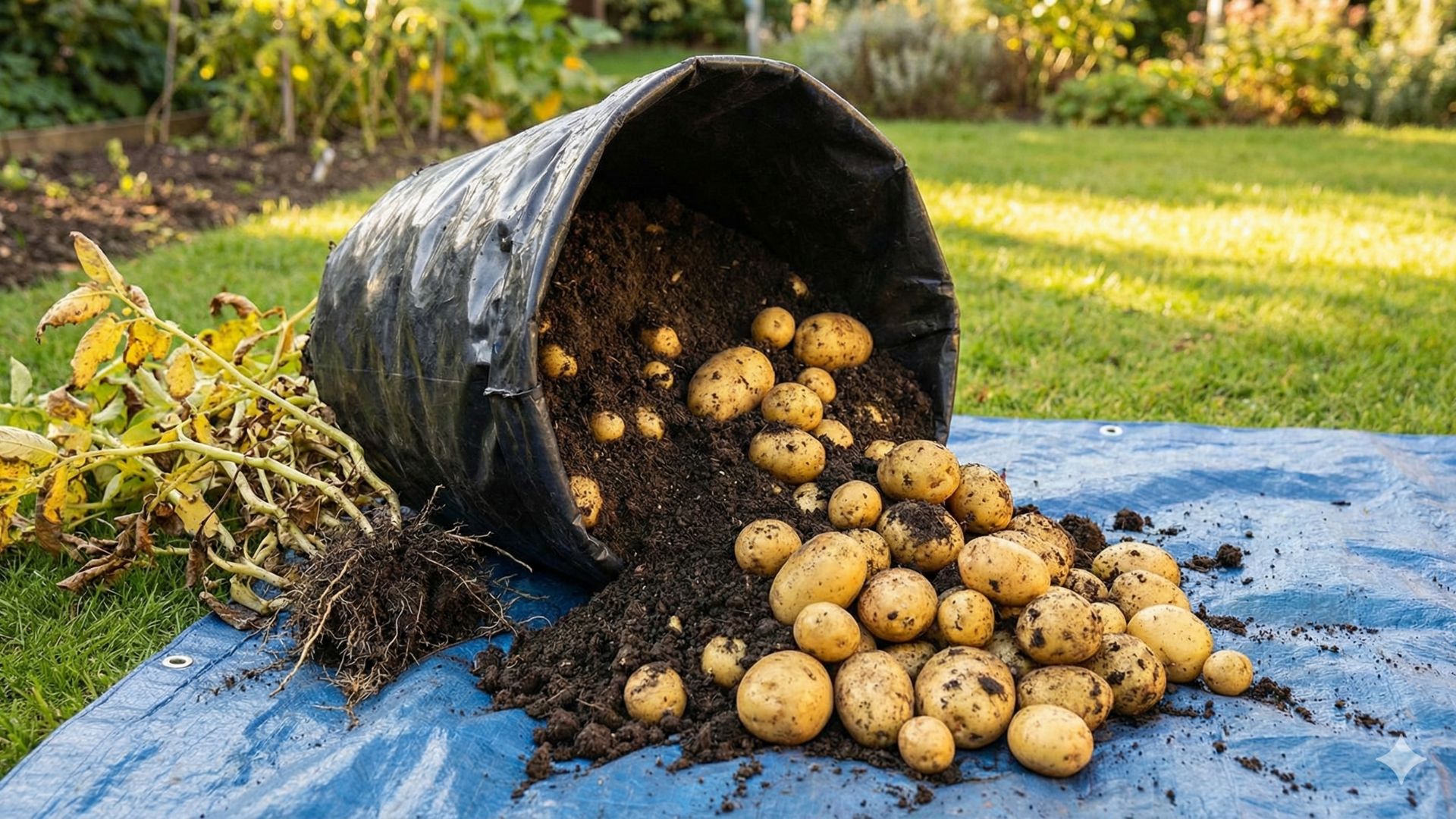 Eine erfolgreiche Kartoffelernte im Garten: Ein schwarzer Pflanzsack liegt umgekippt auf einer blauen Plane, wobei viele frisch geerntete gelbe Kartoffeln aus der dunklen Erde hervorstechen. Links daneben liegt das verwelkte Kartoffelkraut auf dem Rasen.