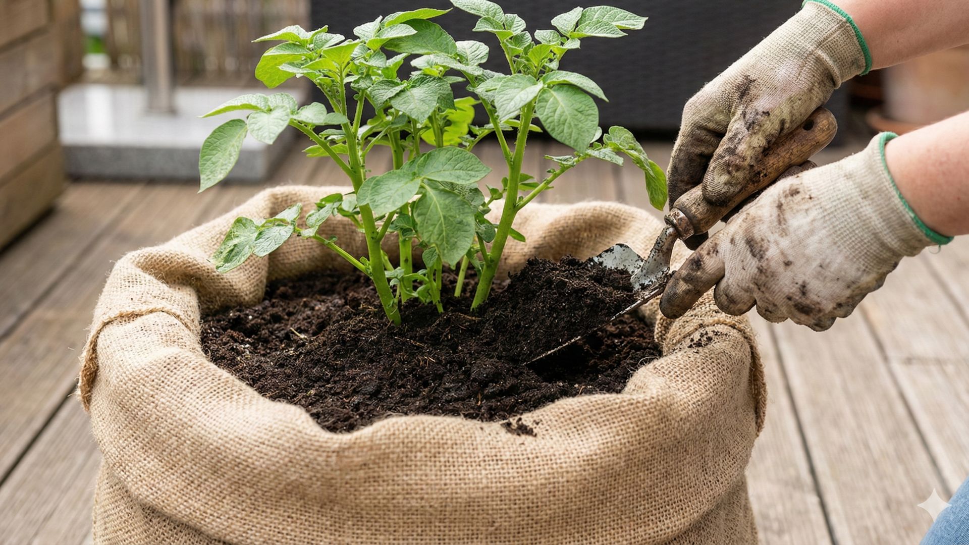 Eine Nahaufnahme von einer Person mit schmutzigen Arbeitshandschuhen, die mit einer kleinen Handschaufel Erde in einen Jutesack füllt. In dem Sack wächst bereits eine gesunde, grüne Kartoffelpflanze mit mehreren Stielen und Blättern. Der Sack steht auf einer hölzernen Terrasse.