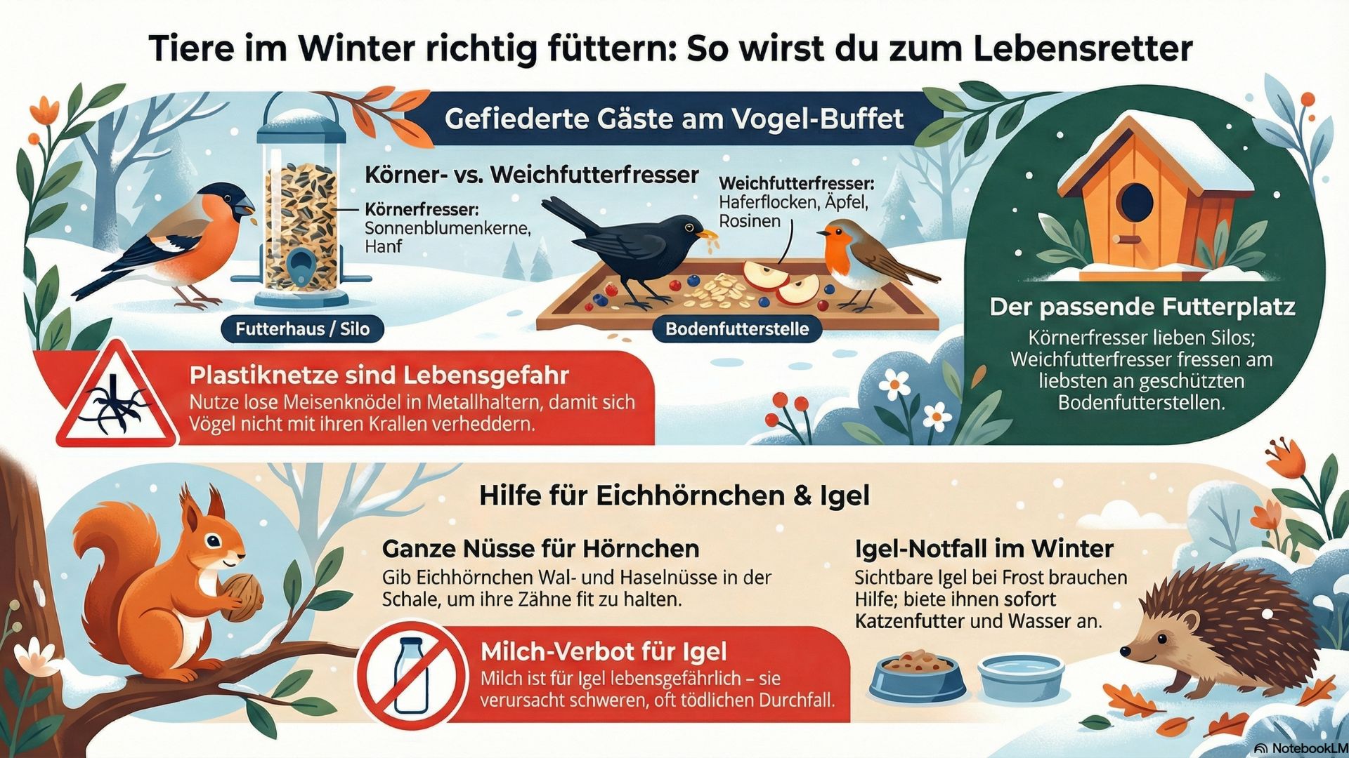 Infografik zum richtigen Füttern von Wildtieren im Winter: Tipps für Vögel (Körner- und Weichfutterfresser), Eichhörnchen und Igel inklusive Warnhinweisen zu Plastiknetzen und Milch.