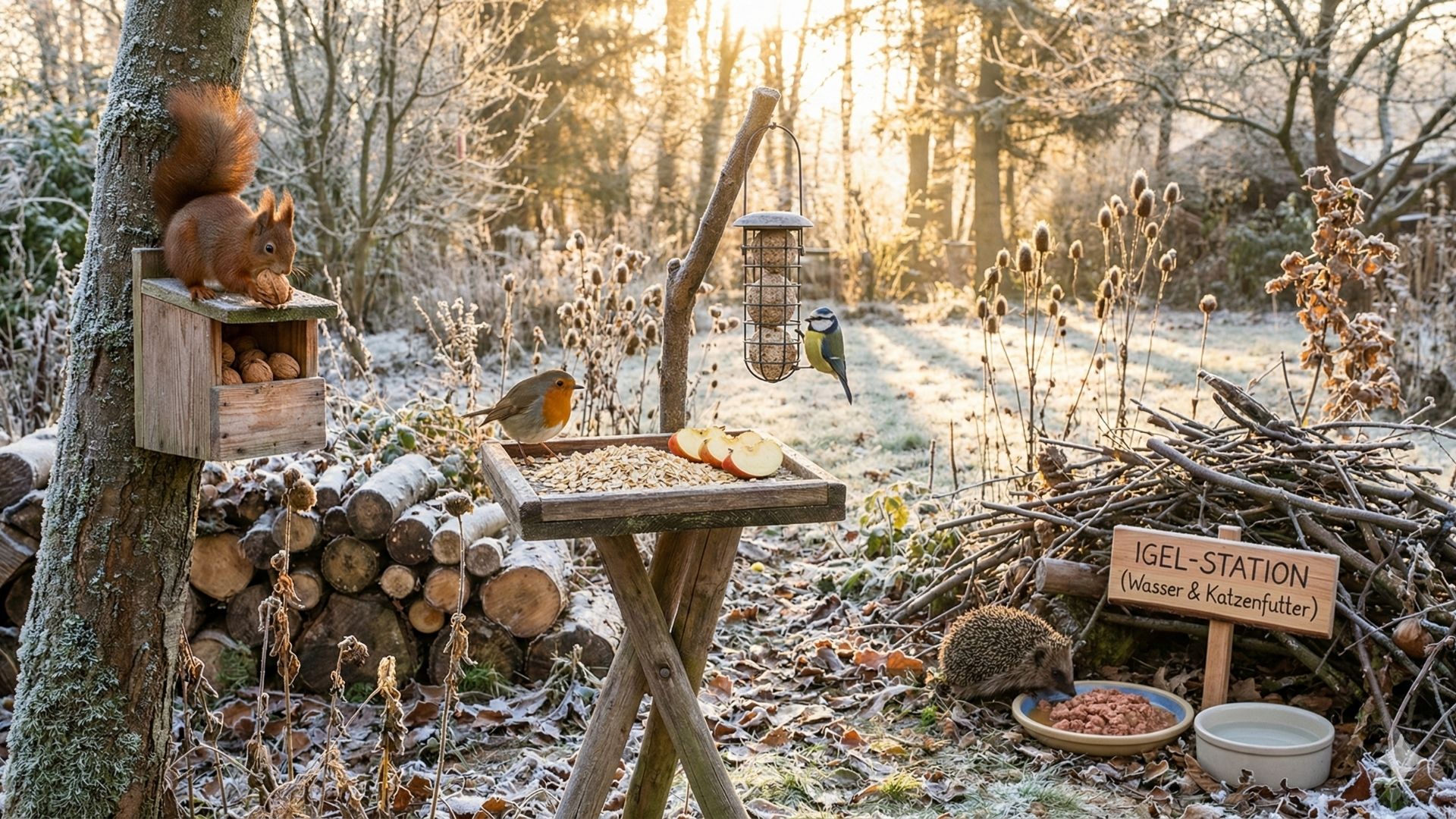 Stimmungsvolle Fotografie eines winterlichen Naturgartens bei goldenem Morgenlicht. Ein Eichhörnchen sitzt links an einem Futterkasten mit Walnüssen. In der Mitte frisst ein Rotkehlchen auf einem Tischchen mit Haferflocken und Apfelscheiben, während eine Blaumeise an einem Meisenknödelhalter hängt. Rechts unten frisst ein Igel an einer markierten Igel-Station mit Wasser und Katzenfutter.