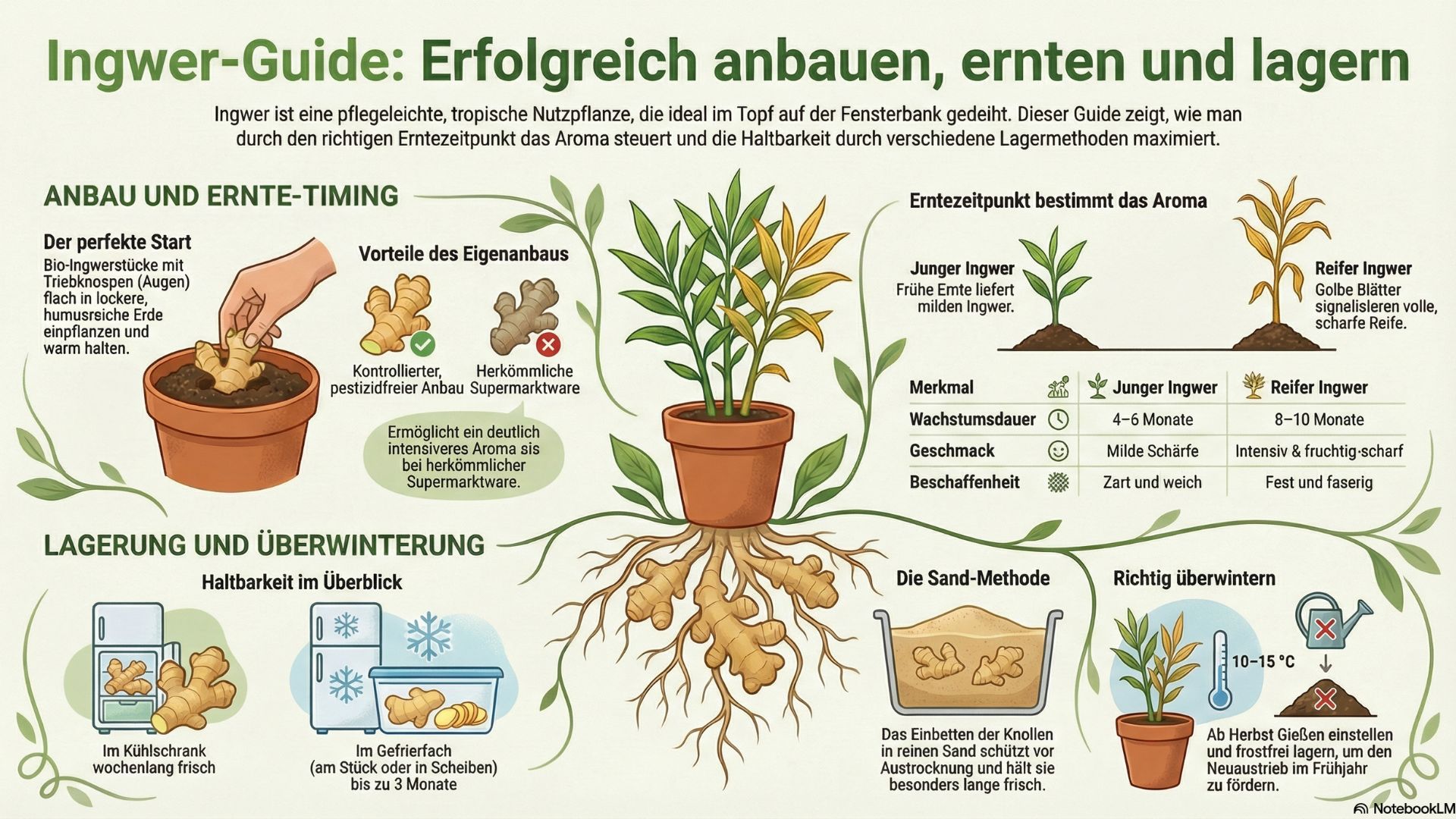 Infografik: Schritt-für-Schritt-Anleitung zum Anbau von Ingwer im Topf. Die Grafik zeigt in vier Phasen die Vorbereitung und das Zuschneiden der Ingwerknolle mit Triebknospen, das Einpflanzen in einen Topf mit Drainageschicht und Blumenerde, die richtige Pflege an einem warmen, hellen Standort unter einer Anzuchthaube sowie den idealen Erntezeitpunkt nach 8 bis 10 Monaten, wenn sich die langen Blätter der Pflanze gelb verfärbt haben.