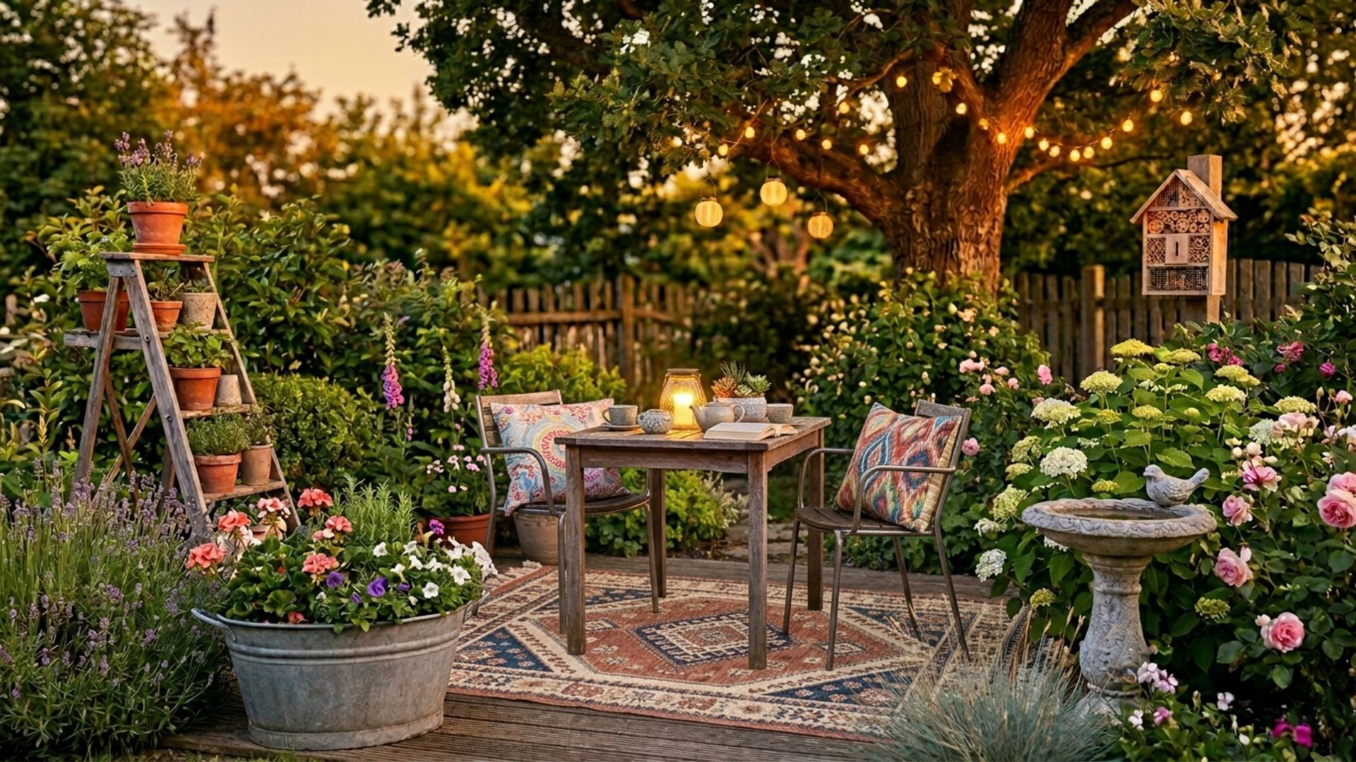 garten deko ideen Gemütliche Garten-Deko-Ideen für das Wohnzimmer im Freien: Ein großflächiger Outdoor-Teppich im Boho-Design auf einer Holzterrasse, kombiniert mit farbenfrohen, wetterfesten Kissen auf den Stühlen und einer stimmungsvollen Beleuchtung durch Lichterketten.