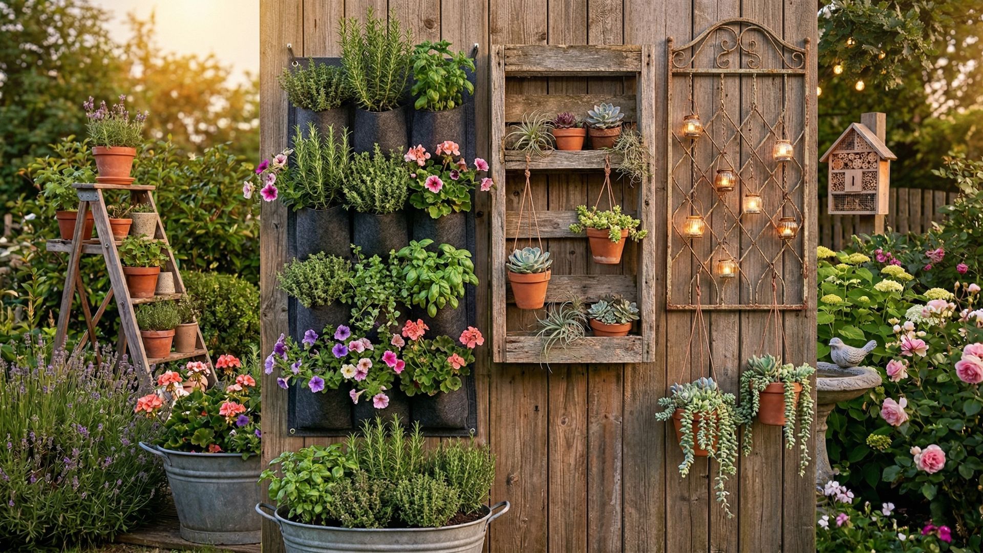 garten deko ideen Vertikale Garten-Deko-Ideen: Eine Holzwand mit schwarzen Pflanztaschen voller Kräuter und Blumen, einem dekorativen Rankgitter mit leuchtenden Mini-Laternen und hängenden Sukkulenten in Tontöpfen.