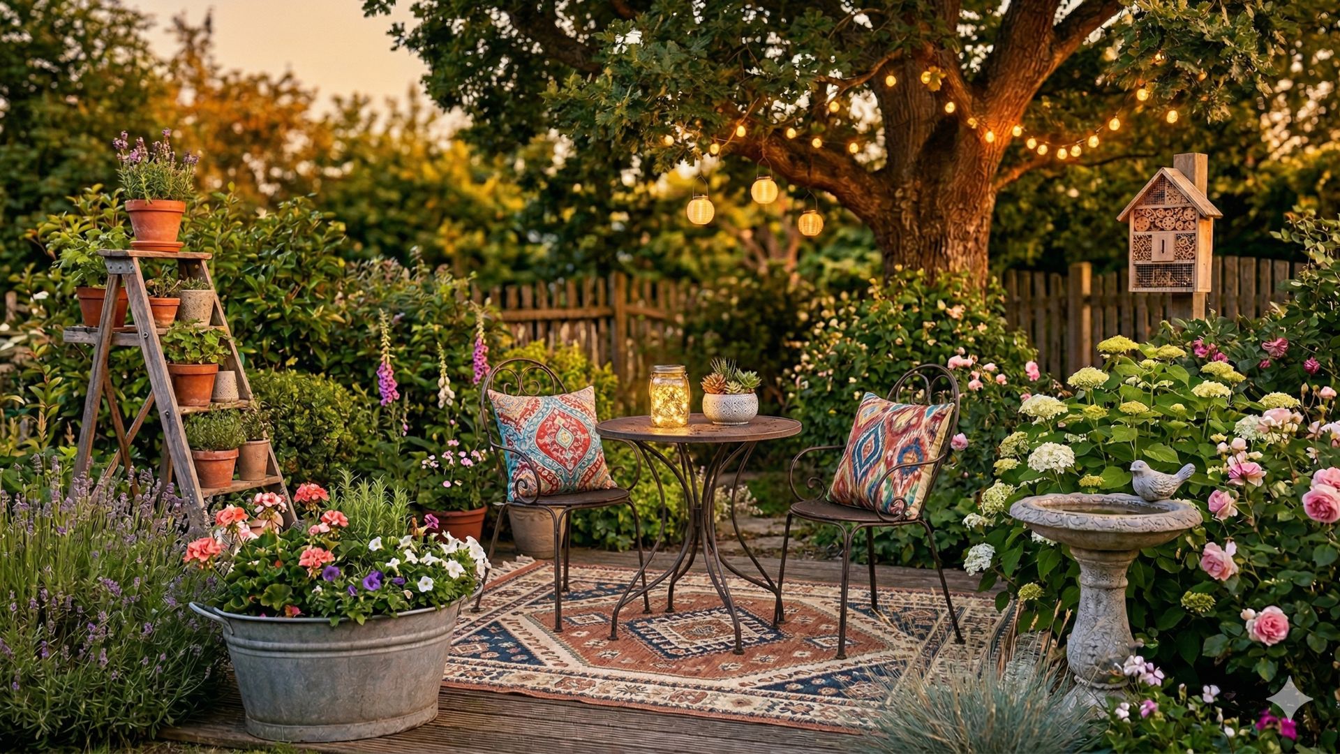 Gemütliche Garten-Deko-Ideen: Eine Terrasse mit Boho-Teppich, Metallmöbeln, leuchtenden Solar-Einmachgläsern und Lichterketten in einem Baum bei Sonnenuntergang. Im Vordergrund eine bepflanzte Zinkwanne, im Hintergrund eine Vogeltränke und ein Insektenhotel.