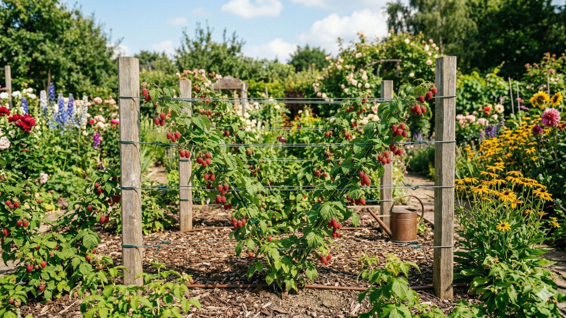 Ein professionelles Himbeerspalier in V-Form in einem sonnigen Garten. Kräftige grüne Ruten, die voll mit leuchtend roten, reifen Himbeeren hängen, sind ordentlich an horizontalen Drähten zwischen stabilen Holzpfosten befestigt. Im Hintergrund ist ein üppiger Sommergarten mit bunten Blumen und einer antiken Gießkanne in weichem Fokus zu sehen. Der Boden ist mit Rindenmulch bedeckt und zeigt ein Tröpfchenbewässerungssystem.