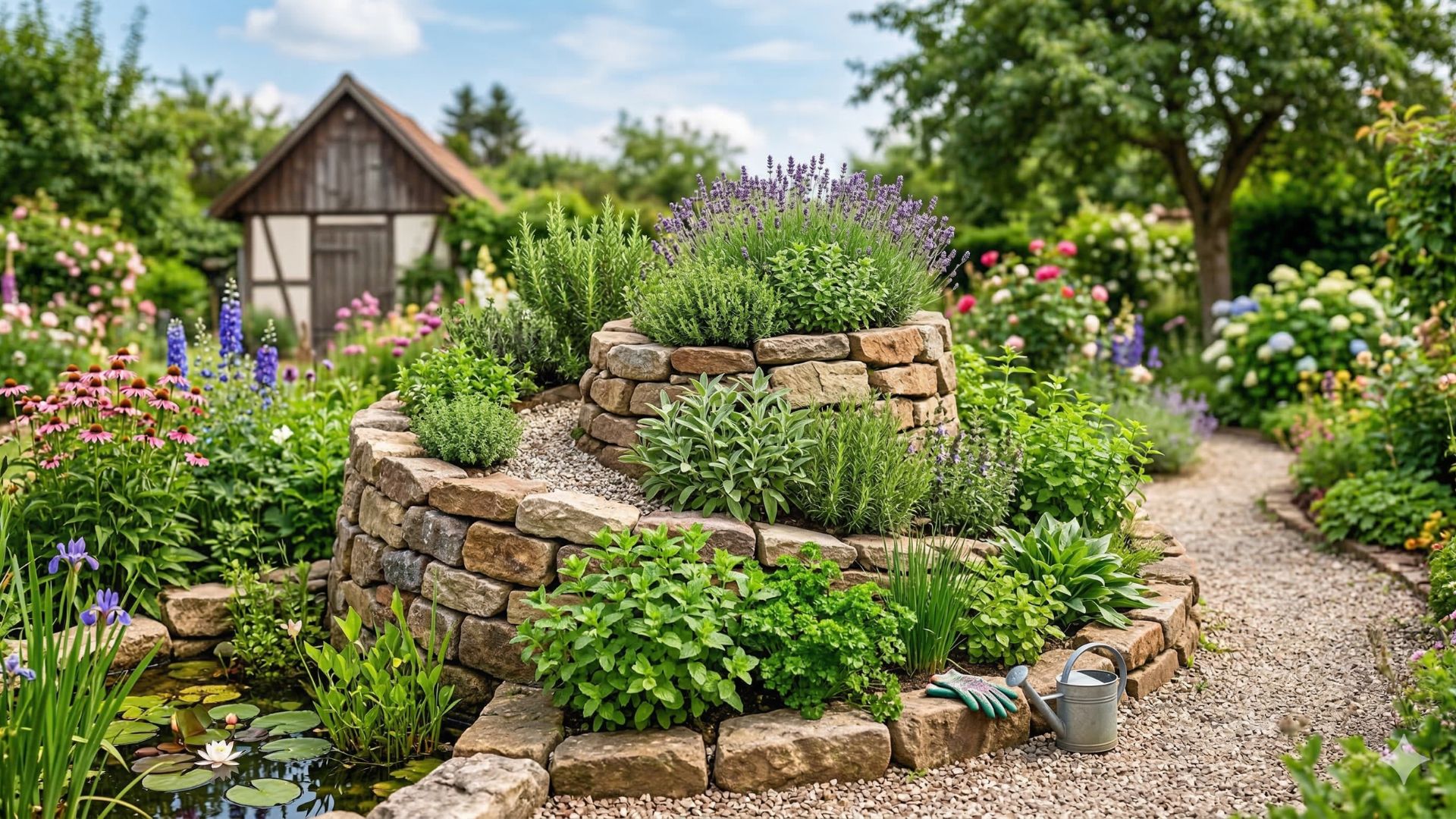 Eine spiralförmig angelegte Kräuterspirale aus Natursteinen in einem idyllischen Garten. Die Spirale ist mit Lavendel, Rosmarin und Minze bepflanzt. Im Vordergrund sind ein kleiner Teich mit Seerosen sowie eine Gießkanne zu sehen, im Hintergrund ein rustikales Gartenhäuschen.