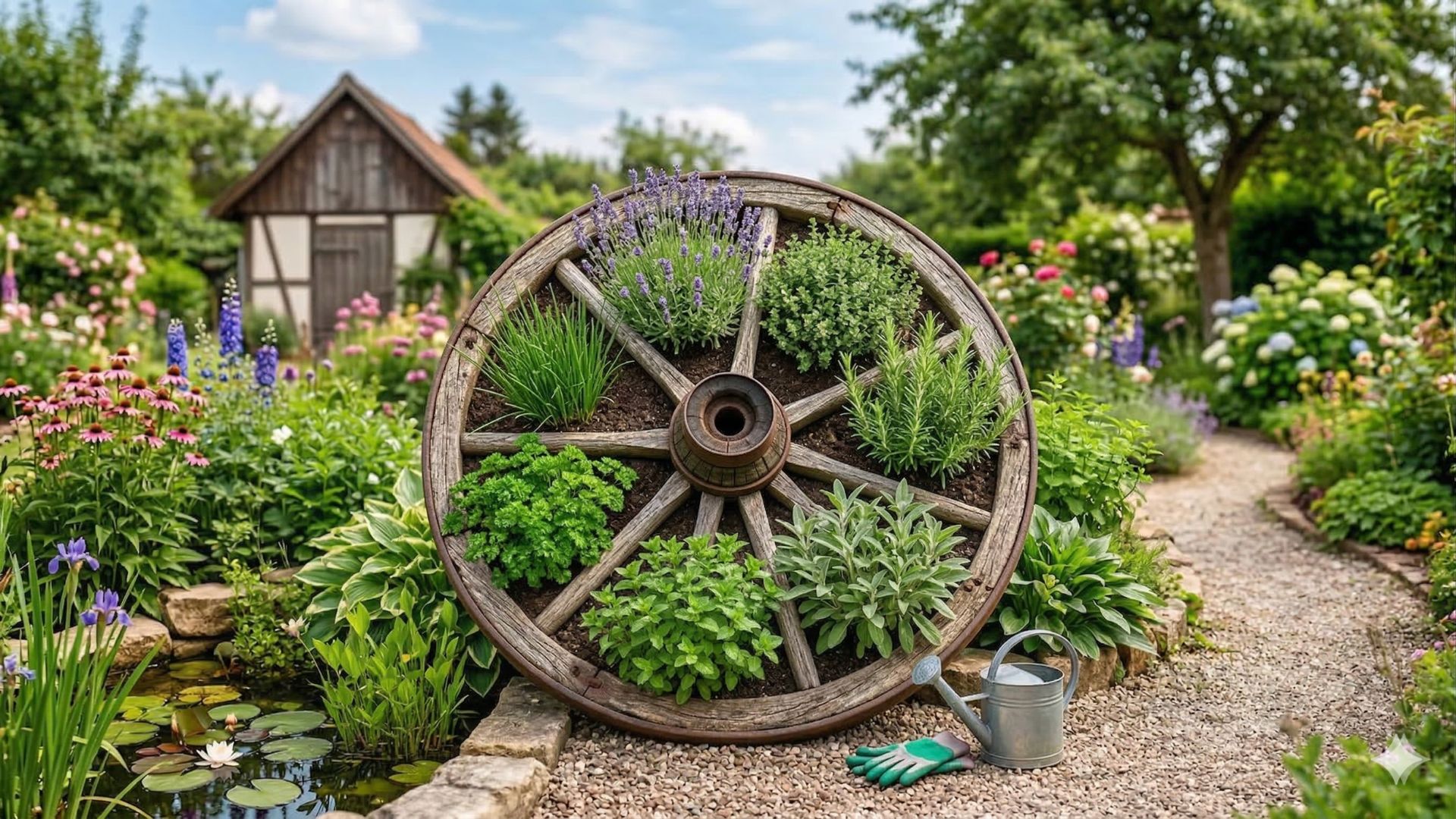 Ein rustikales Kräuterrad aus einem alten Holz-Wagenrad, dessen Speichen verschiedene Kräuter wie Lavendel, Salbei und Petersilie voneinander trennen. Das Beet steht in einem idyllischen Bauerngarten neben einem Kiesweg, auf dem eine Gießkanne und Gartenhandschuhe liegen. Im Hintergrund sind ein kleiner Teich und ein Gartenhäuschen zu sehen.