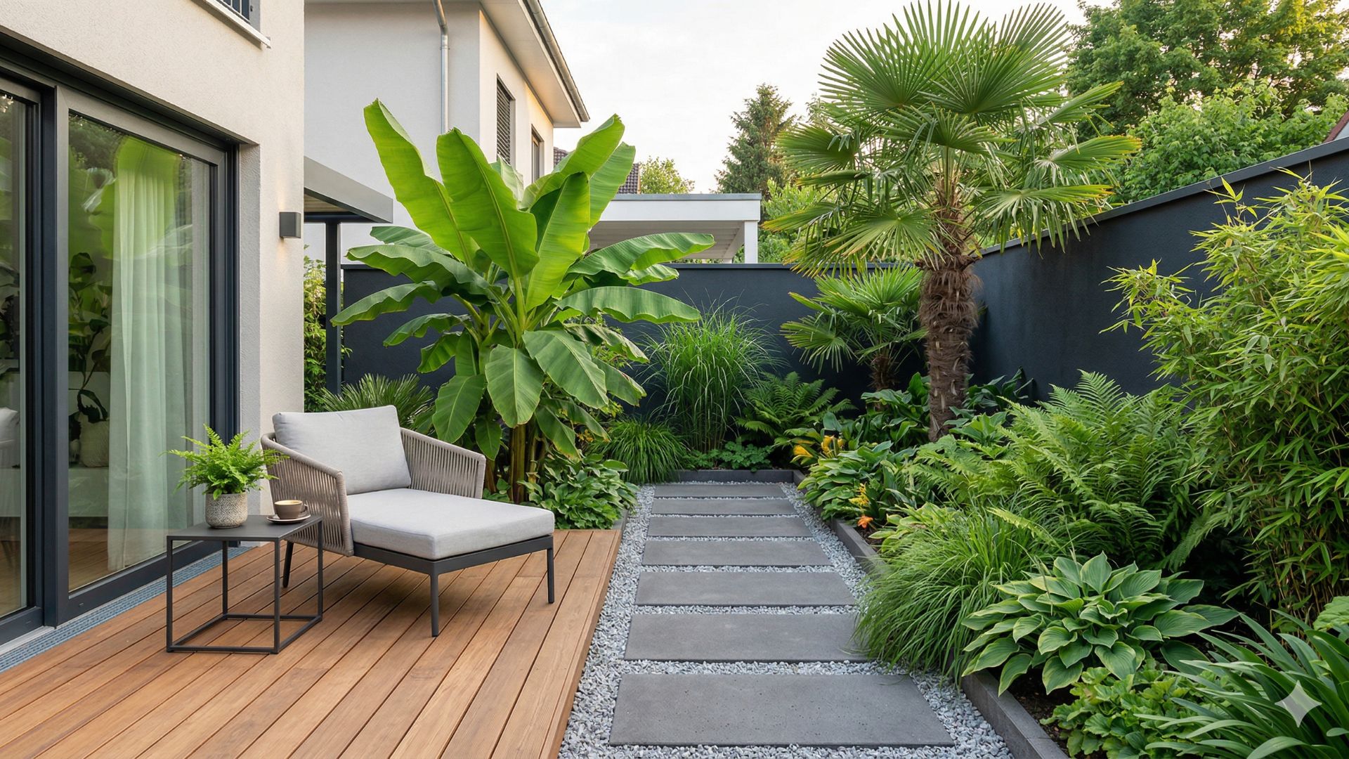 Moderner tropischer Garten mit winterharter Bananenstaude und Hanfpalme: Eine Holzterrasse mit Lounge-Sessel grenzt an einen üppigen Dschungel-Look mit Steinweg und Farnen vor einer anthrazitfarbenen Mauer.