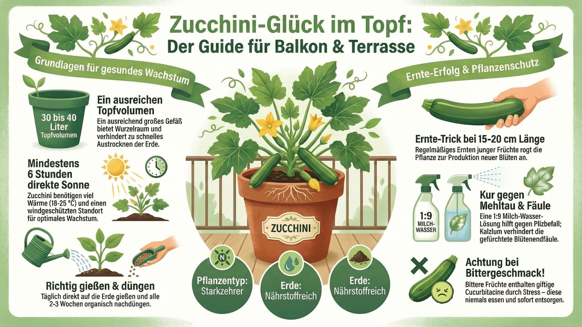 Hier ist ein detaillierter Alt-Text für die Infografik:

Alt-Text:
Eine illustrierte Infografik mit dem Titel „Zucchini-Glück im Topf: Der Guide für Balkon & Terrasse“. Die Grafik ist in sanften Grün- und Erdtönen gehalten und in zwei Hauptbereiche unterteilt: „Grundlagen für gesundes Wachstum“ (links) und „Ernte-Erfolg & Pflanzenschutz“ (rechts). In der Mitte ist eine prächtige Zucchini-Pflanze in einem Terrakotta-Topf auf einem Holzbalkon zu sehen.