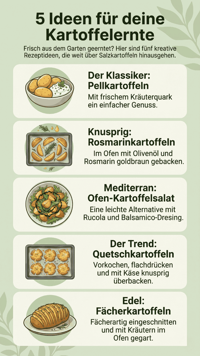 Eine vertikale Infografik im Format 9:16 mit dem Titel "5 Ideen für deine Kartoffelernte". Die Grafik zeigt fünf illustrierte Rezeptideen untereinander angeordnet: Pellkartoffeln mit Kräuterquark, knusprige Rosmarinkartoffeln, mediterraner Ofen-Kartoffelsalat, Quetschkartoffeln mit Käse und edle Fächerkartoffeln. Das Design ist in sanften Grüntönen gehalten und mit dezenten Blättern dekoriert.