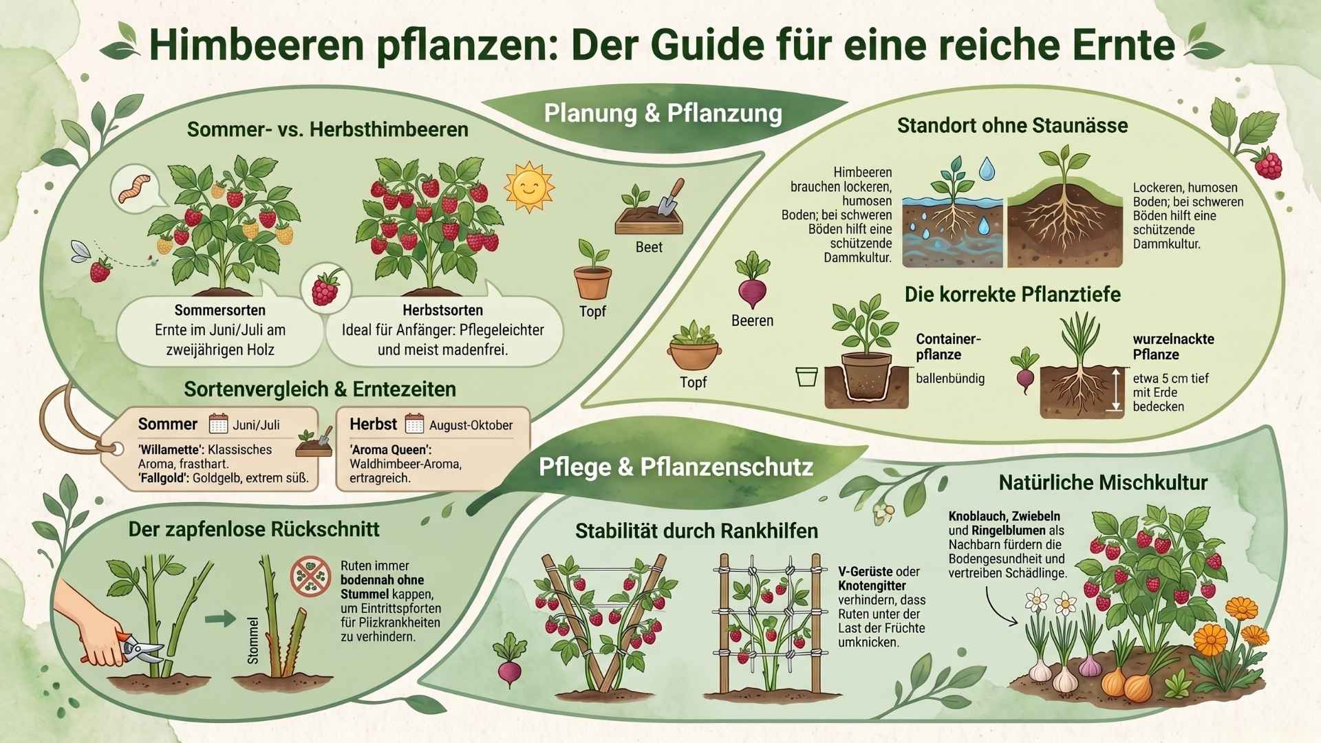 Übersichtliche Infografik zum Anbau von Himbeeren: Vergleich von Sommer- und Herbstsorten, Anleitung zur korrekten Pflanztiefe, Tipps zum Standort ohne Staunässe, Illustrationen zu Rankhilfen, zum zapfenlosen Rückschnitt und zur Mischkultur.