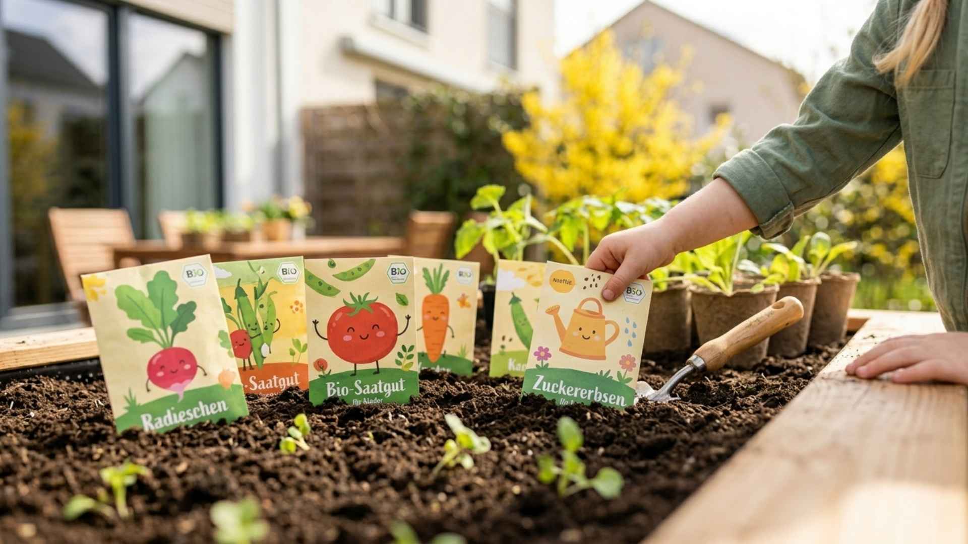 Bunte Bio-Saatgut-Tüten mit kindgerechten Illustrationen stehen in der dunklen Erde eines Hochbeets; eine Kinderhand hält eine Samentüte für Zuckererbsen.