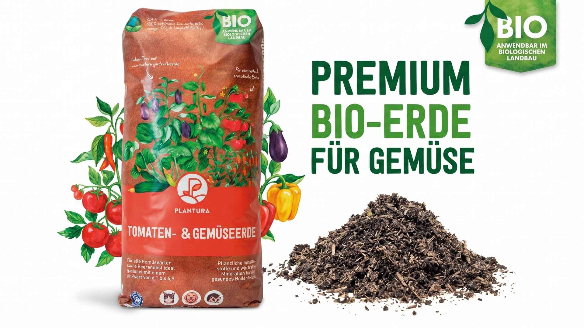 Produktbild der Plantura Bio Tomaten- und Gemüseerde im 16:9 Format mit einem Häufchen dunkler, nährstoffreicher Erde daneben