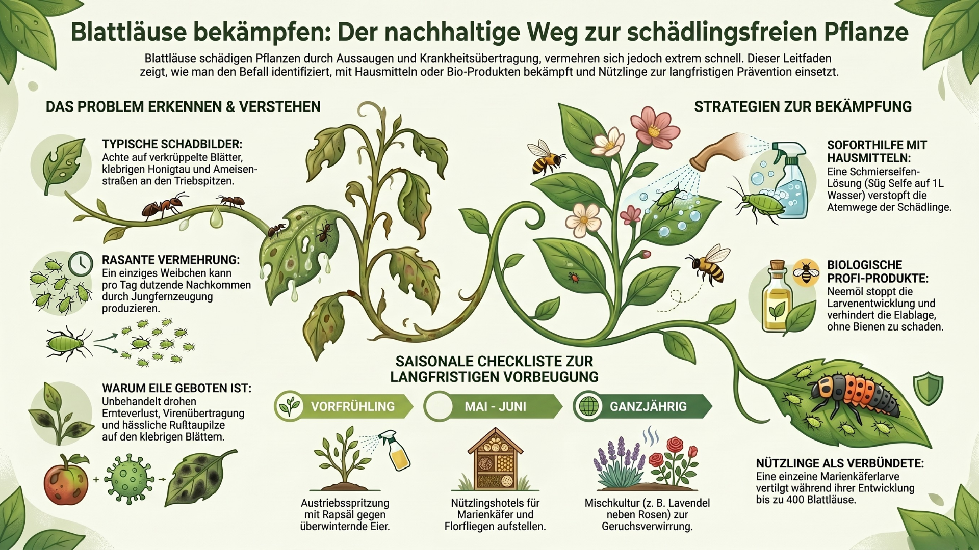 Umfassende Infografik zum Thema Blattläuse bekämpfen. Die Grafik erläutert das Problem (Schadbilder, Vermehrung), zeigt Strategien wie Hausmittel (Schmierseife) und Bio-Produkte (Neemöl) sowie eine saisonale Checkliste zur Vorbeugung und den Einsatz von Nützlingen wie Marienkäferlarven.