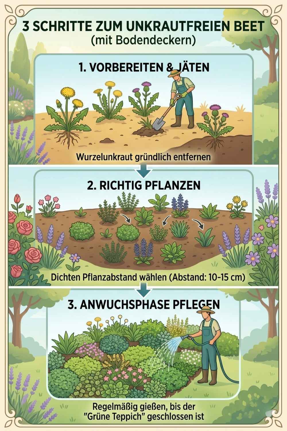 Vertikale Infografik „3 Schritte zum unkrautfreien Beet“. 1. Vorbereiten & Jäten von Wurzelunkraut, 2. Richtig Pflanzen mit 10–15 cm Abstand, 3. Anwuchsphase pflegen und regelmäßig gießen, bis der grüne Teppich geschlossen ist.