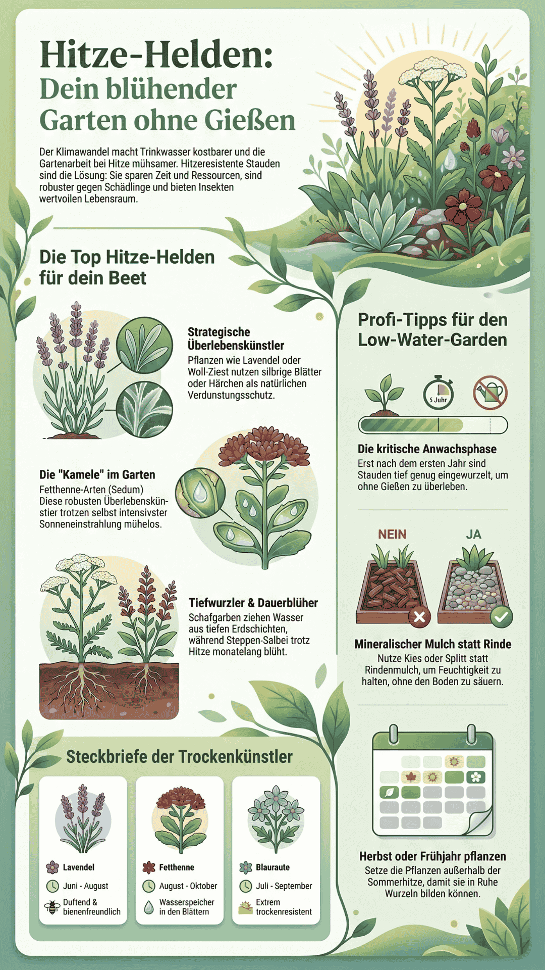 Eine illustrierte Infografik mit dem Titel "Hitze-Helden", die verschiedene hitzeresistente Stauden sowie Tipps für einen wassersparenden Garten (Low-Water-Garden) vorstellt.
