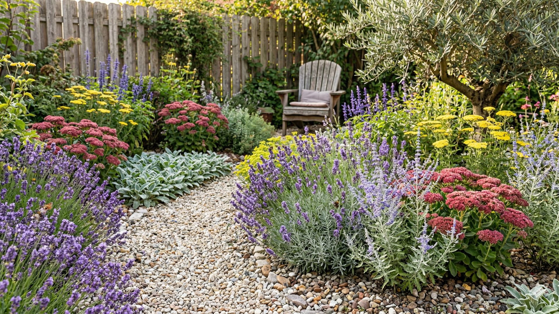 Ein geschwungener Kiesgartenweg, gesäumt von dichten Büscheln aus lilafarbenem Lavendel, rosa Fetthenne, gelber Schafgarbe und silbergrauen Bodendeckern, führt zu einem verwitterten Adirondack-Holzstuhl und einem kleinen Olivenbaum vor einem rustikalen Holzzaun unter weichem Sonnenlicht.
