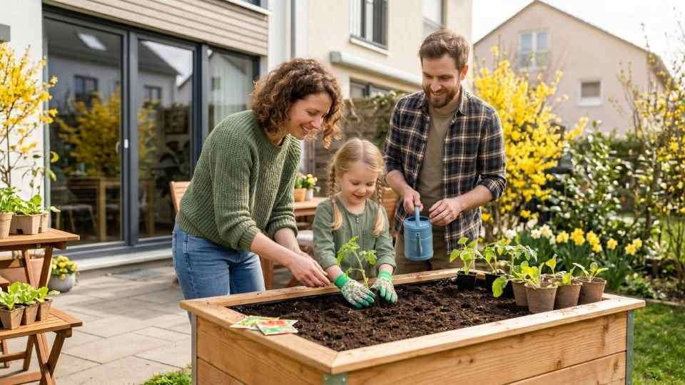 Eine junge Familie bepflanzt gemeinsam ein hölzernes Hochbeet in einem sonnigen Reihenhausgarten; ein Kind setzt vorsichtig einen Gemüsesetzling in die frische Erde.