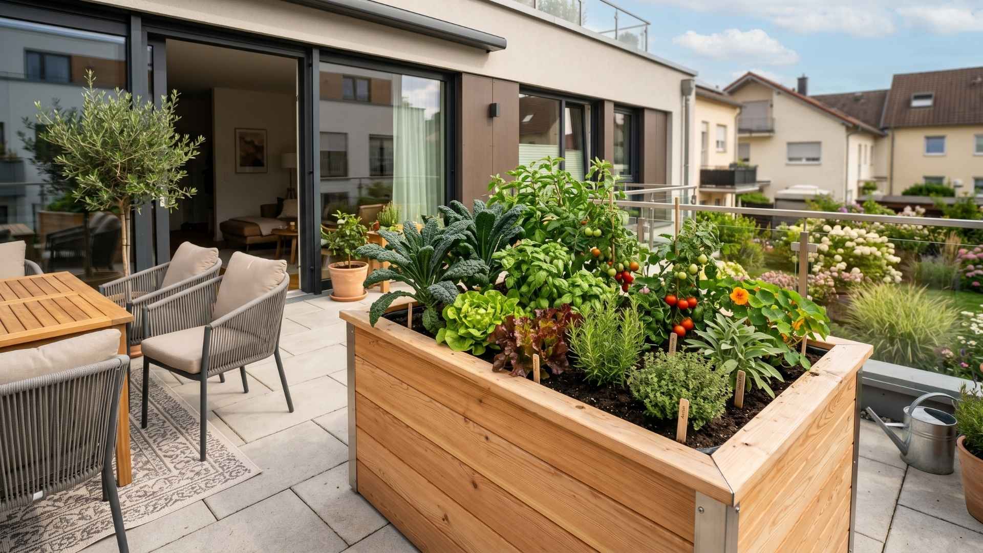 Ein modernes Hochbeet aus hellem Holz auf einer gepflasterten Terrasse, üppig bepflanzt mit grünem Salat, frischen Kräutern und kleinen Tomatenpflanzen vor einer modernen Hausfassade.