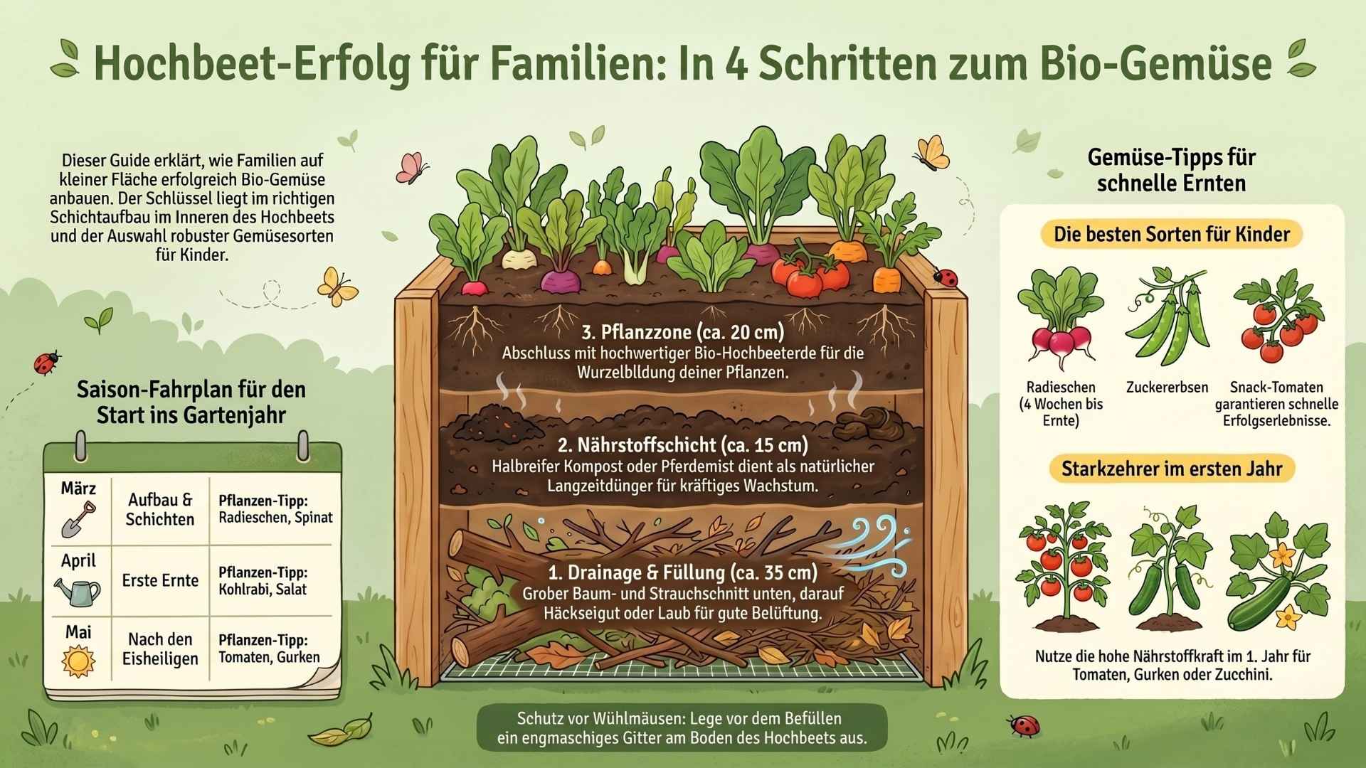 Infografik: Der perfekte 4-Schichten-Aufbau zum Hochbeet bepflanzen – Von der Drainage aus Zweigen bis zur nährstoffreichen Bio-Erde für Gemüse-Anfänger.