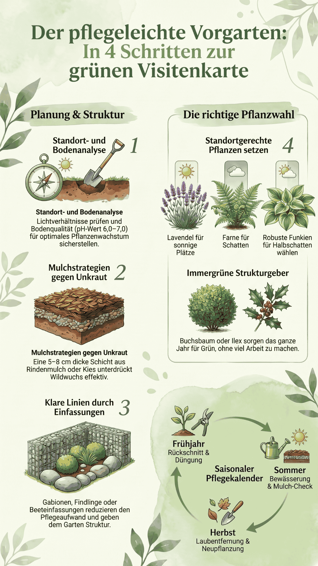 Infografik zum Thema 'Der pflegeleichte Vorgarten' in vier Schritten: Standortanalyse, Mulchen, Beeteinfassungen und Pflanzwahl, ergänzt durch einen saisonalen Pflegekalender