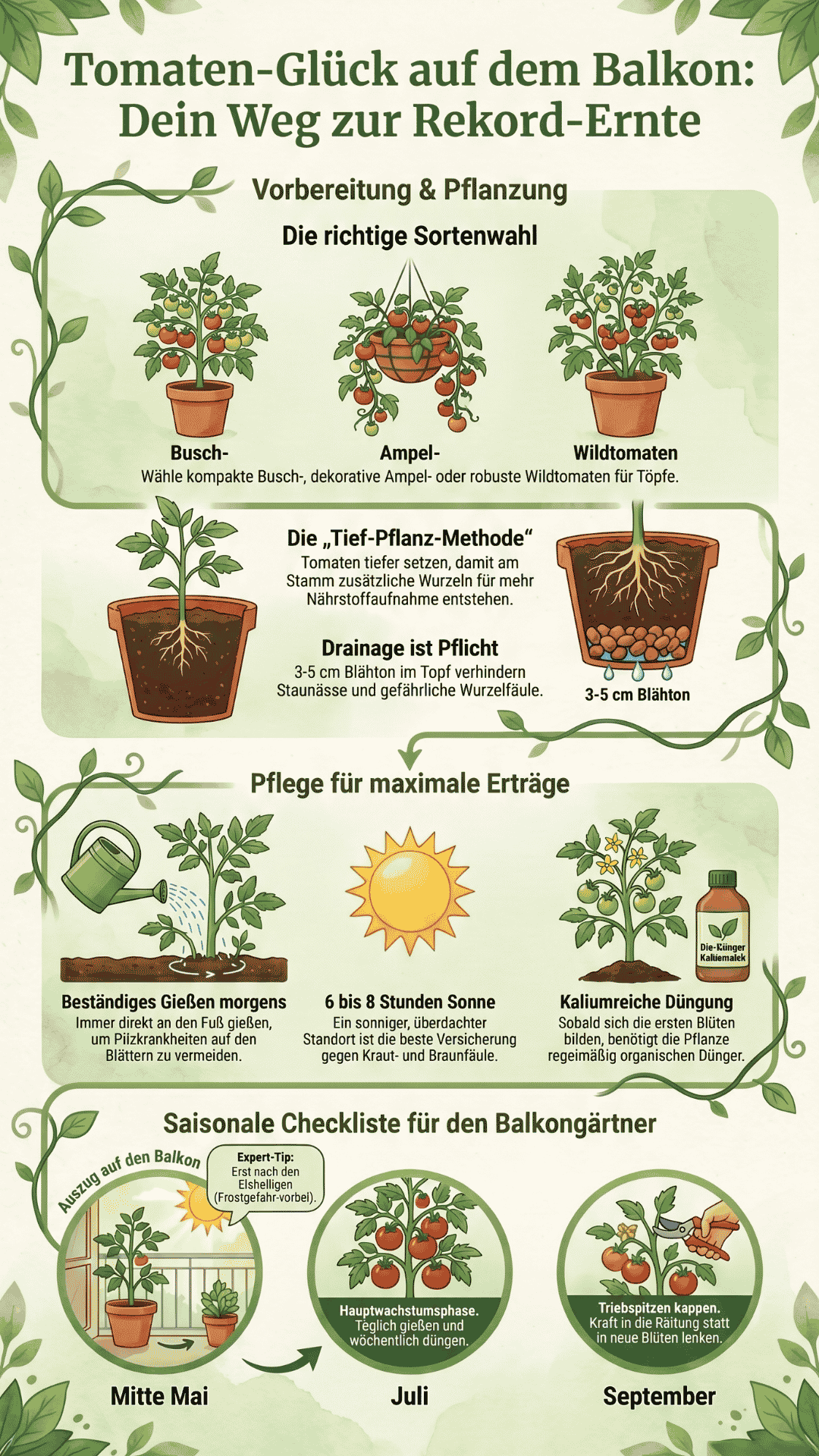 Glückliche Frau zeigt eine riesige Ernte roter Kirschtomaten von ihren Tomatenpflanzen auf einem sonnigen Stadtbalkon.
