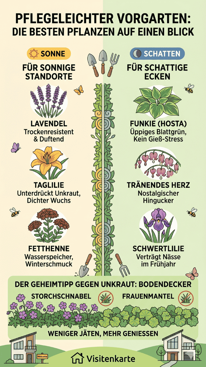 Infografik zum Vorgarten gestalten: Übersicht pflegeleichter Pflanzen für Sonne (Lavendel, Taglilie, Fetthenne) und Schatten (Hosta, Tränendes Herz, Schwertlilie) sowie Bodendecker gegen Unkraut.