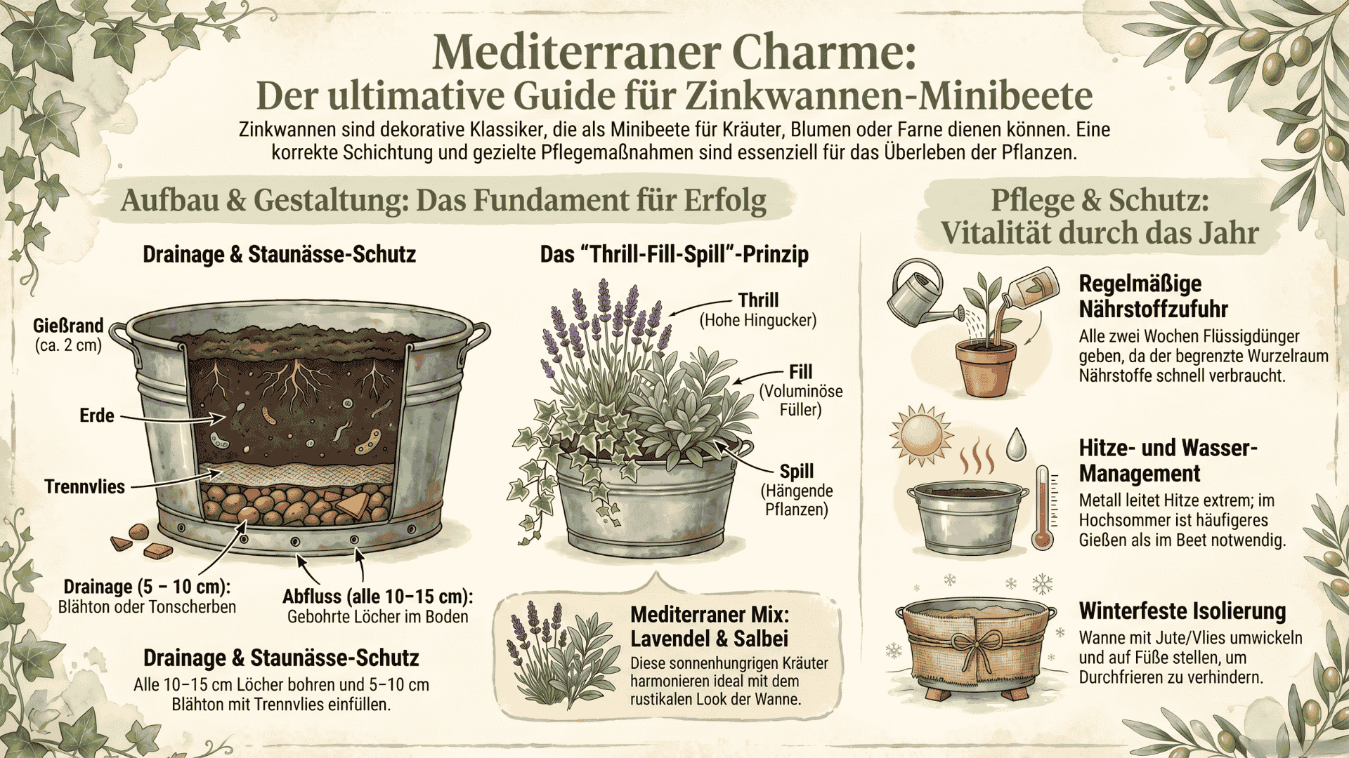 Eine informative Infografik mit dem Titel „Mediterraner Charme“, die erklärt, wie man Minibeete in Zinkwannen fachgerecht anlegt und pflegt. Die Grafik zeigt Illustrationen zum Schichtaufbau (Drainage, Trennvlies, Erde), das gestalterische „Thrill-Fill-Spill“-Prinzip sowie Tipps zur Nährstoffzufuhr, zum Hitze-Management und zum Winterschutz.