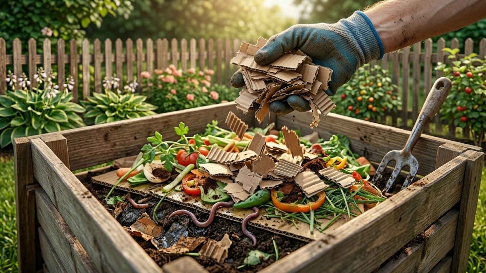 Praxis-Anwendung der Lasagne-Methode: Eine Hand streut zerkleinerte braune Pappstücke als Kohlenstoffquelle über eine Schicht aus frischen Küchenabfällen und Komposterde in einem hölzernen Komposter.