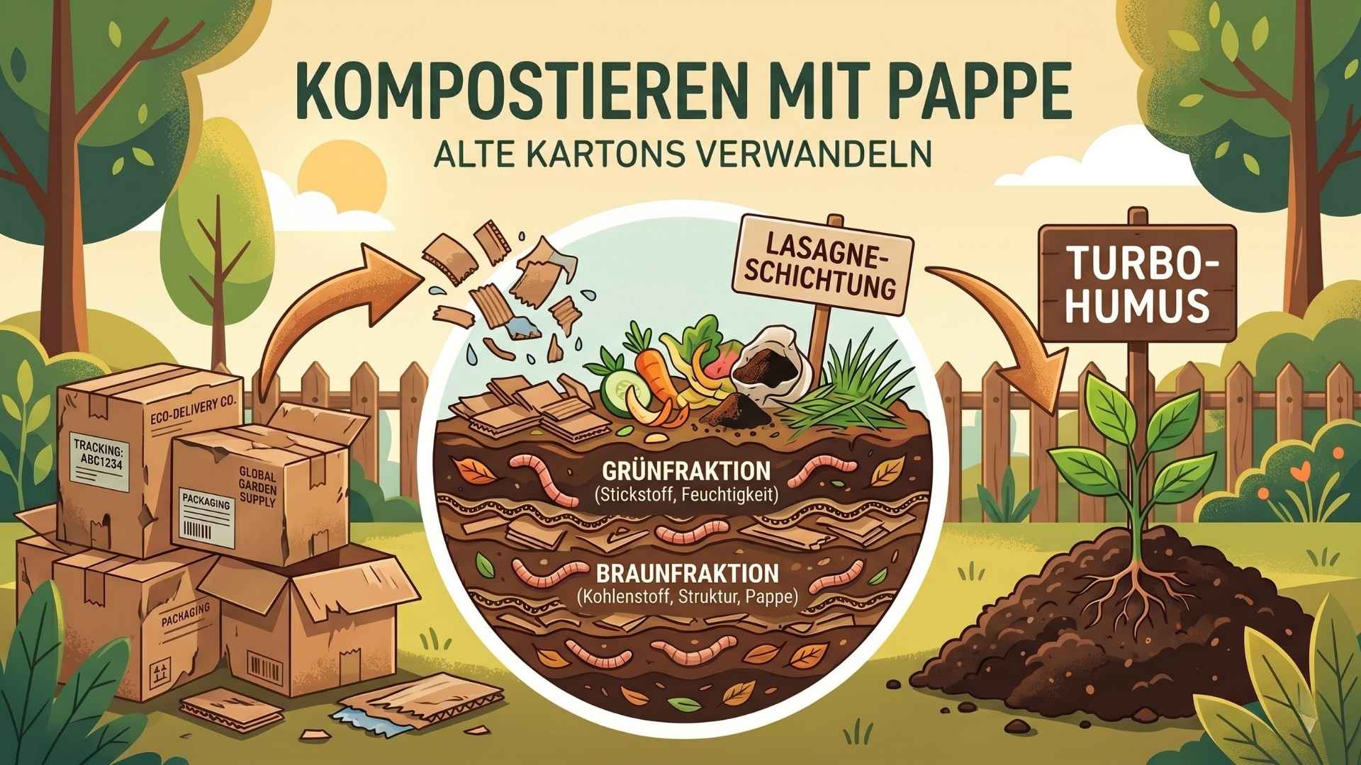 nfografik zum Thema Kompostieren mit Pappe: Darstellung des Kreislaufs von alten Versandkartons über die „Lasagne-Schichtung“ im Komposthaufen (unterteilt in Grün- und Braunfraktion mit Regenwürmern) bis hin zum fertigen, nährstoffreichen Turbo-Humus für gesunde Gartenpflanzen.
