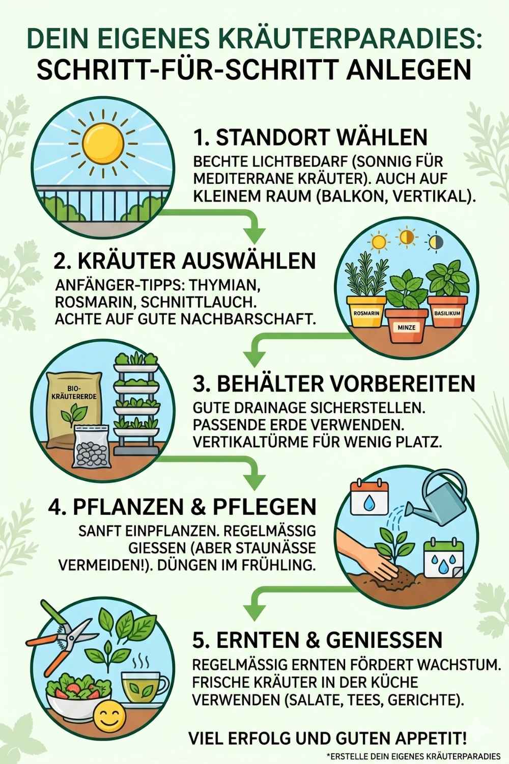 Infografik mit einer 5-Schritte-Anleitung zum Anlegen eines Kräutergartens: 1. Standort wählen, 2. Kräuter auswählen, 3. Behälter vorbereiten, 4. Pflanzen & Pflegen, 5. Ernten & Genießen.