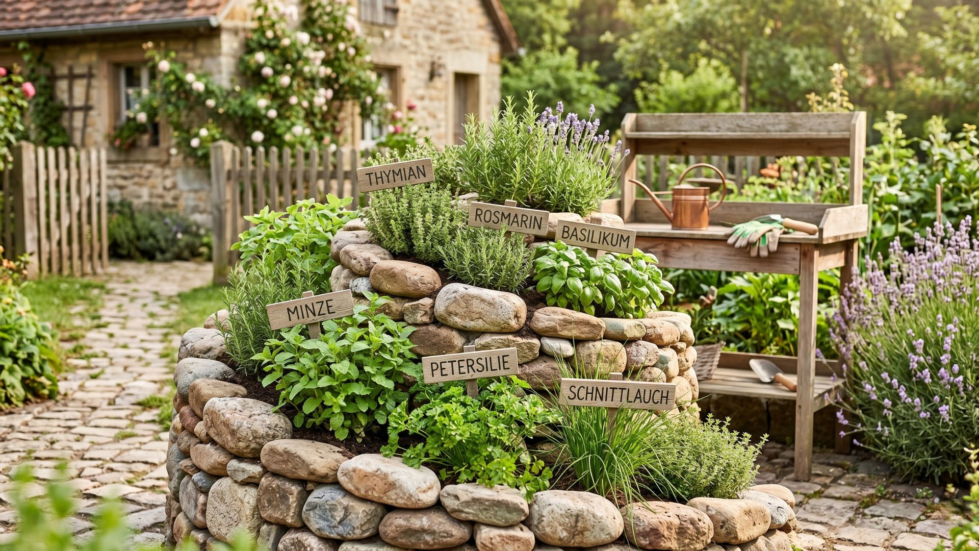 Eine bepflanzte Kräuterspirale aus Natursteinen mit hölzernen Beschriftungsschildern in einem sonnigen, rustikalen Garten.