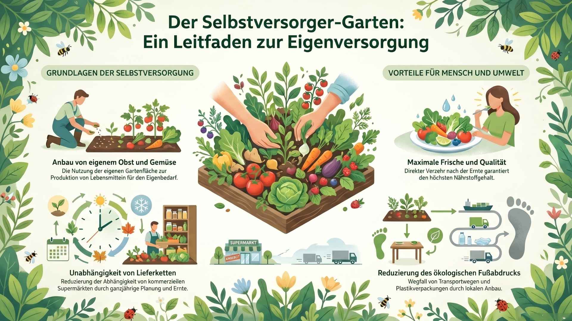 Infografik „Der Selbstversorger-Garten“: Ein Leitfaden zur Eigenversorgung mit Tipps zum Anbau von Obst und Gemüse, Unabhängigkeit von Lieferketten und Reduzierung des ökologischen Fußabdrucks.