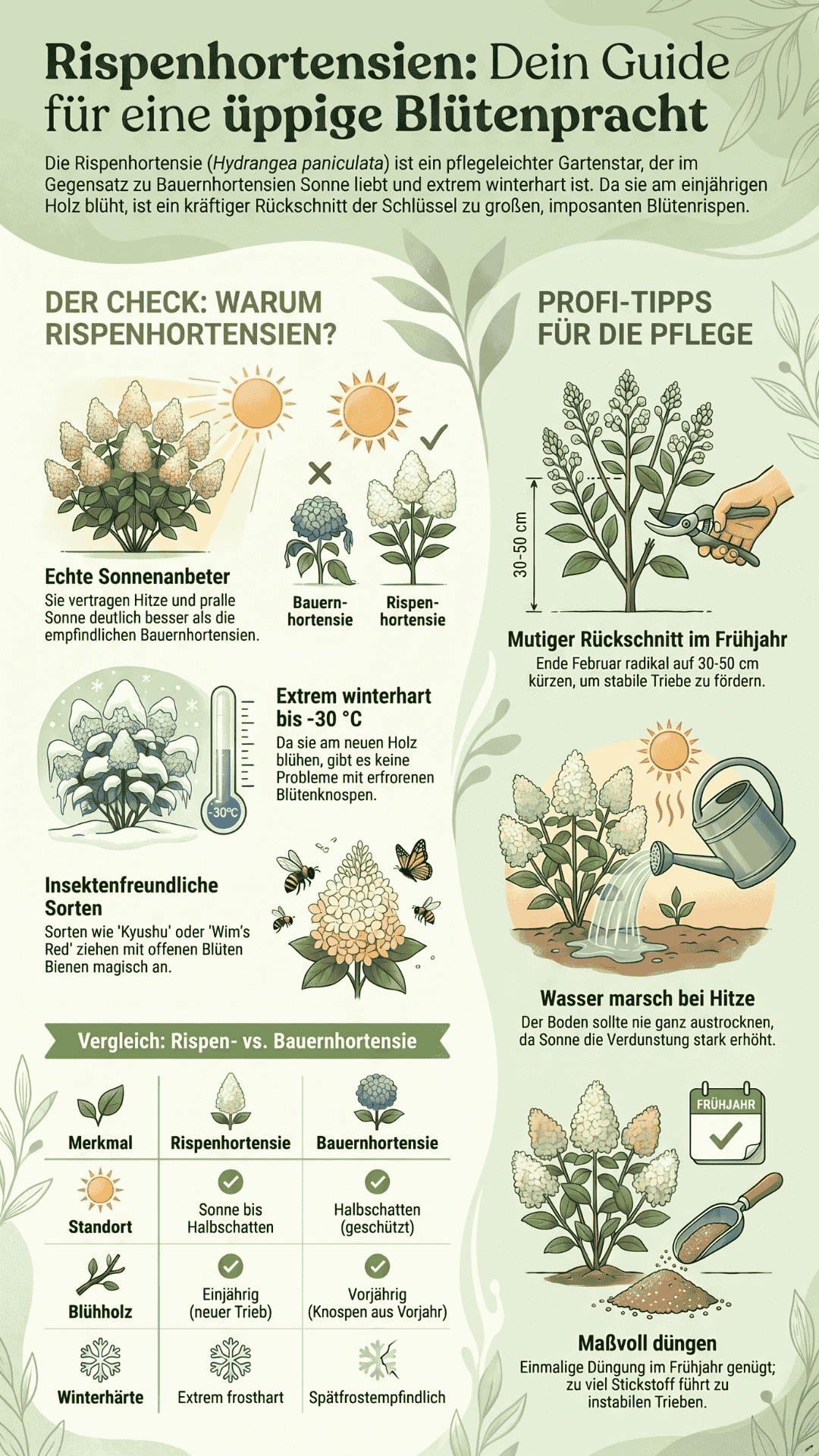 Infografik über Rispenhortensien (Hydrangea paniculata) mit Tipps zur Pflege, einem Vergleich zu Bauernhortensien und Hinweisen zu Standort, Rückschnitt und Winterhärte.