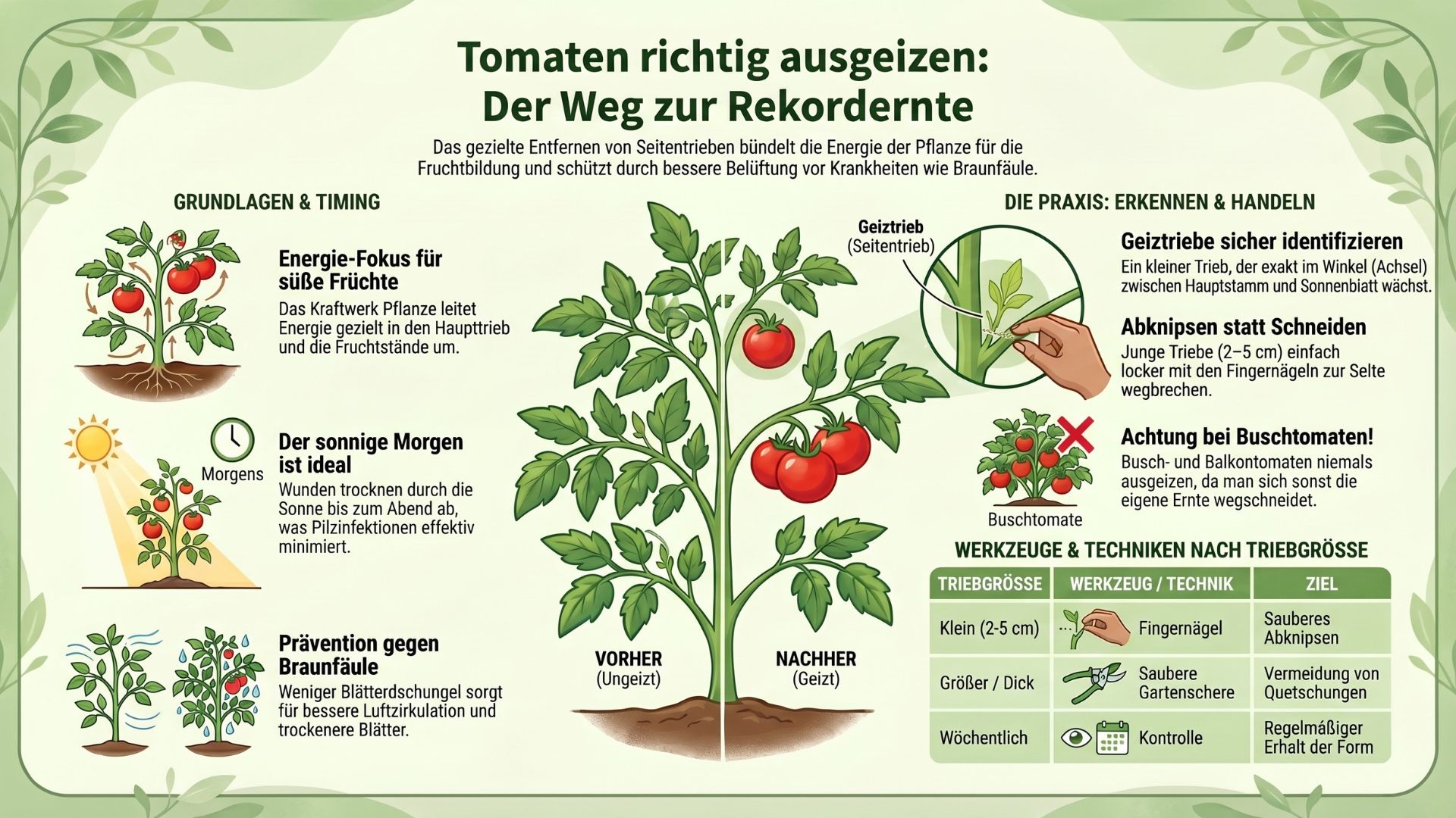 tomaten ausgeizen Infografik zum richtigen Ausgeizen von Tomaten mit Vorher-Nachher-Vergleich, Anleitung zum Entfernen von Geiztrieben in der Blattachsel und Tipps zur Vorbeugung von Braunfäule.