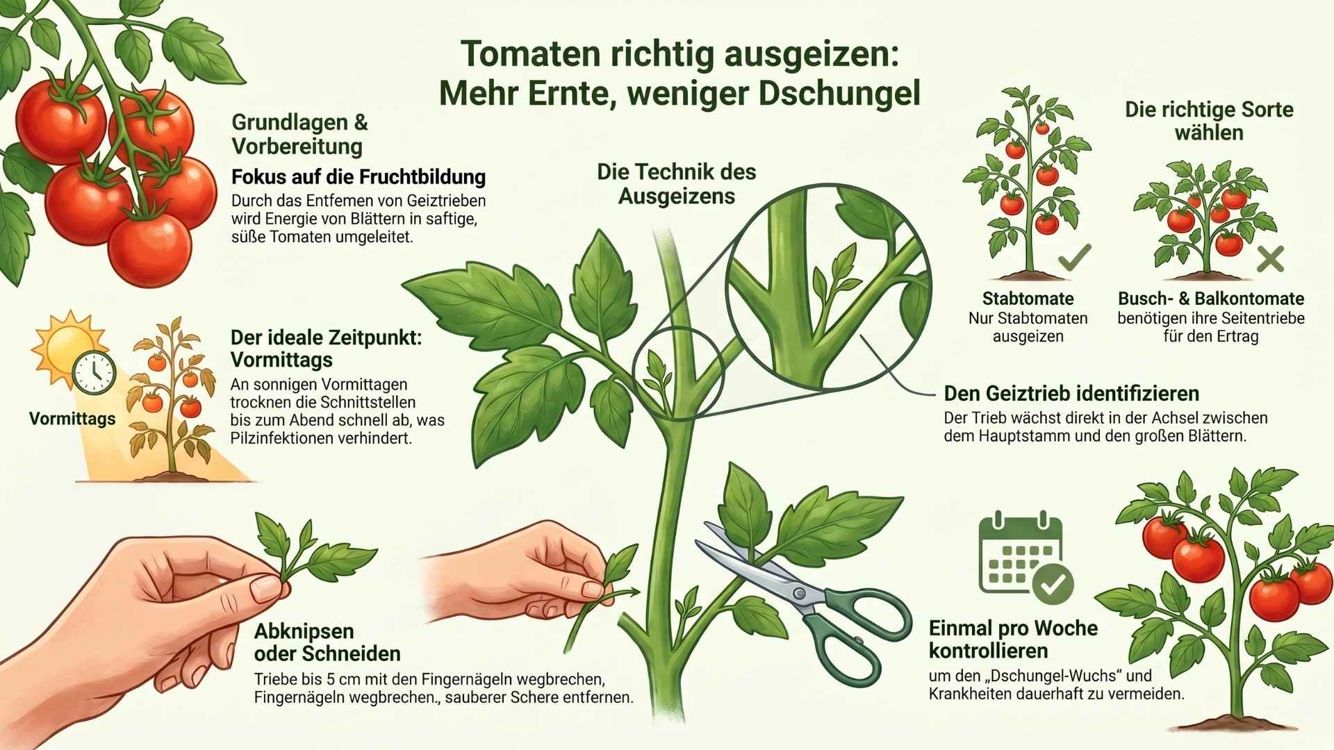 Infografik zum Thema „Tomaten richtig ausgeizen“ mit Anleitungen zur Steigerung der Ernte: Fokus auf Stabtomaten, Identifizierung von Geiztrieben in der Blattachsel, Entfernen am Vormittag durch Abknipsen oder Schneiden und wöchentliche Kontrolle.