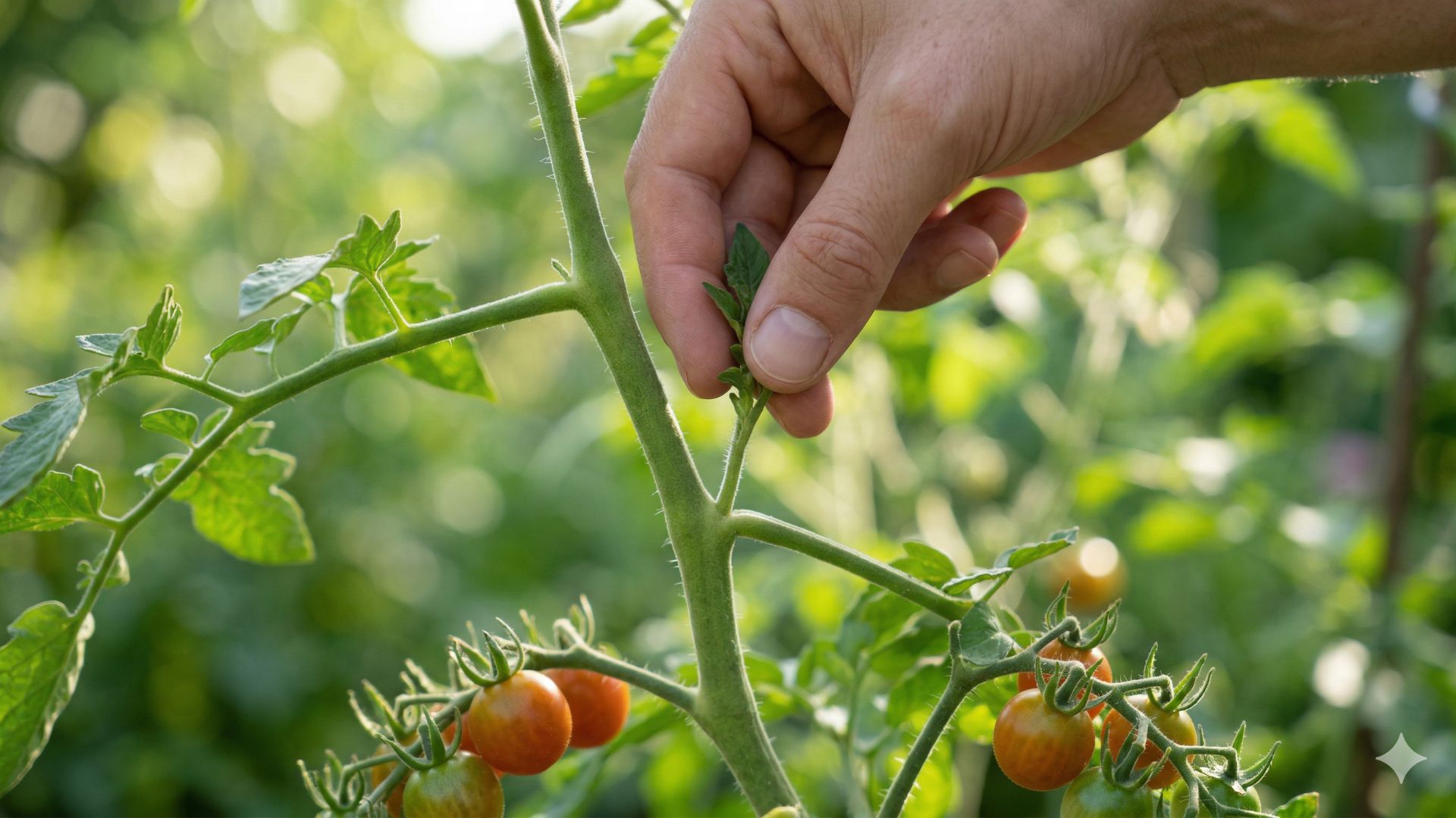 Nahaufnahme einer Hand, die vorsichtig einen kleinen Geiztrieb in der Blattachsel einer Tomatenpflanze mit Daumen und Zeigefinger entfernt. Im Hintergrund ist ein sonniger, grüner Garten mit reifenden Tomaten zu sehen.